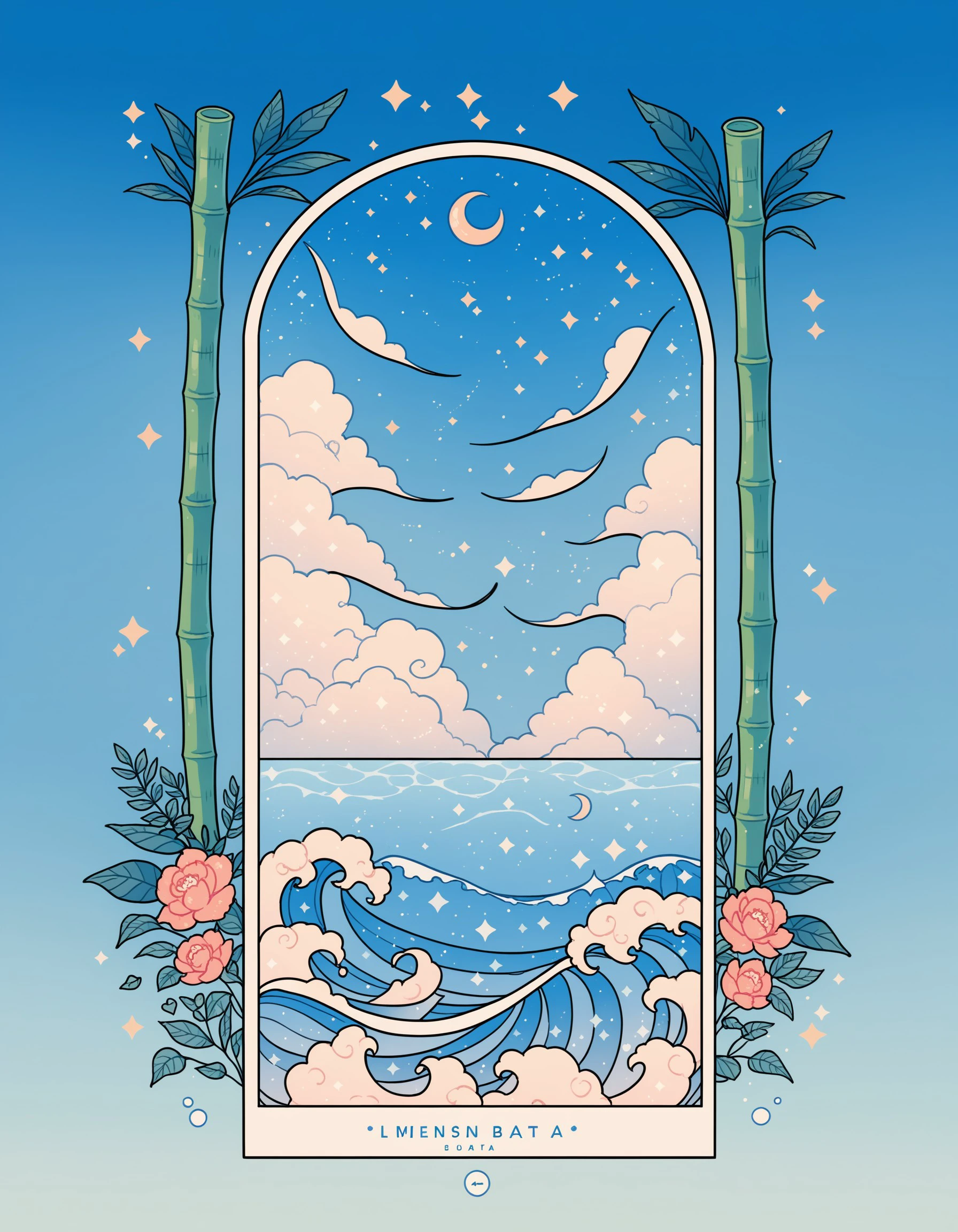 score_9, score_8_up, score_7_up, heart, sky, artist name, cloud, water, english text, gradient, gradient background, no humans, sparkle, leaf, blue background, moon, plant, bamboo, crescent moon, waves, tanabata, Celestial Kawaii Style, <lora:6f60af9c-b9d9-4d64-9e44-1e70b847424a:0.7>