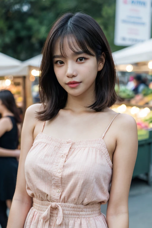 masterpiece, best quality, ultra-detailed, ultra high res, (photorealistic:1.4), raw photo, (realistic:0.2), 8k HDR, realistic lighting, looking at viewer, 1girl, solo, asymmetrical hair, outdoor, (traditional market:1.2), (day), bokeh, (detailed lips), (detailed pores), (detailed skin textures), (detailed face:1.2), (body:1.2), a woman in a sundress, cowboy shot, thigh gap