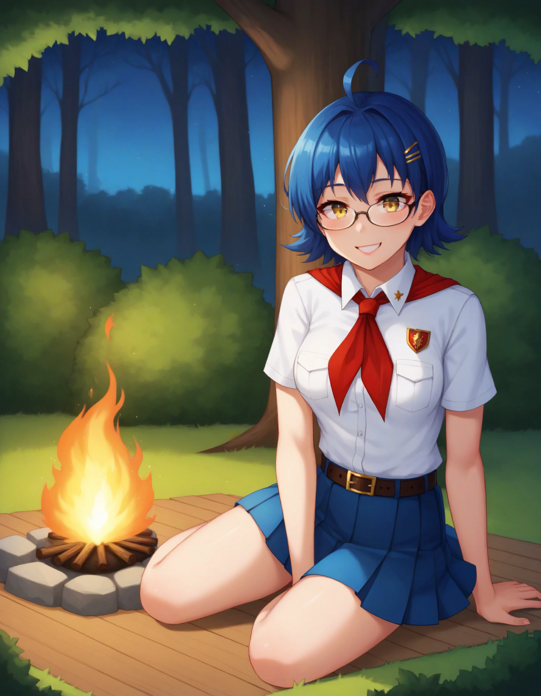 (masterpiece), best quality, expressive eyes, perfect face, score_9, score_8_up, score_7_up, source_anime, 1girl, solo, BREAK, zhenya, blue hair, short hair, ahoge, yellow eyes, glasses, medium breasts, smile, smooth body, shiny skin, BREAK, white shirt, collared shirt, short sleeves, breast pockets, red neckerchief, belt, blue skirt, pleated skirt, sithing, on ground, in front of bonfire, behind bonfire, looking at flame, pose, BREAK, forest background, trees, bushes, grass, bonfire, flame, night, BREAK, colorful, vibrant colors, detailed face, stunning, highly detailed, 8k, intricate, cinematic, dehazed, atmospheric, highres, best quality, detailed eyes, , <lora:0cc20795-76c3-4be0-879f-b27991b21303:0.7>, <lora:1c811bd7-5507-4312-b30a-e014048070a4:0.8>