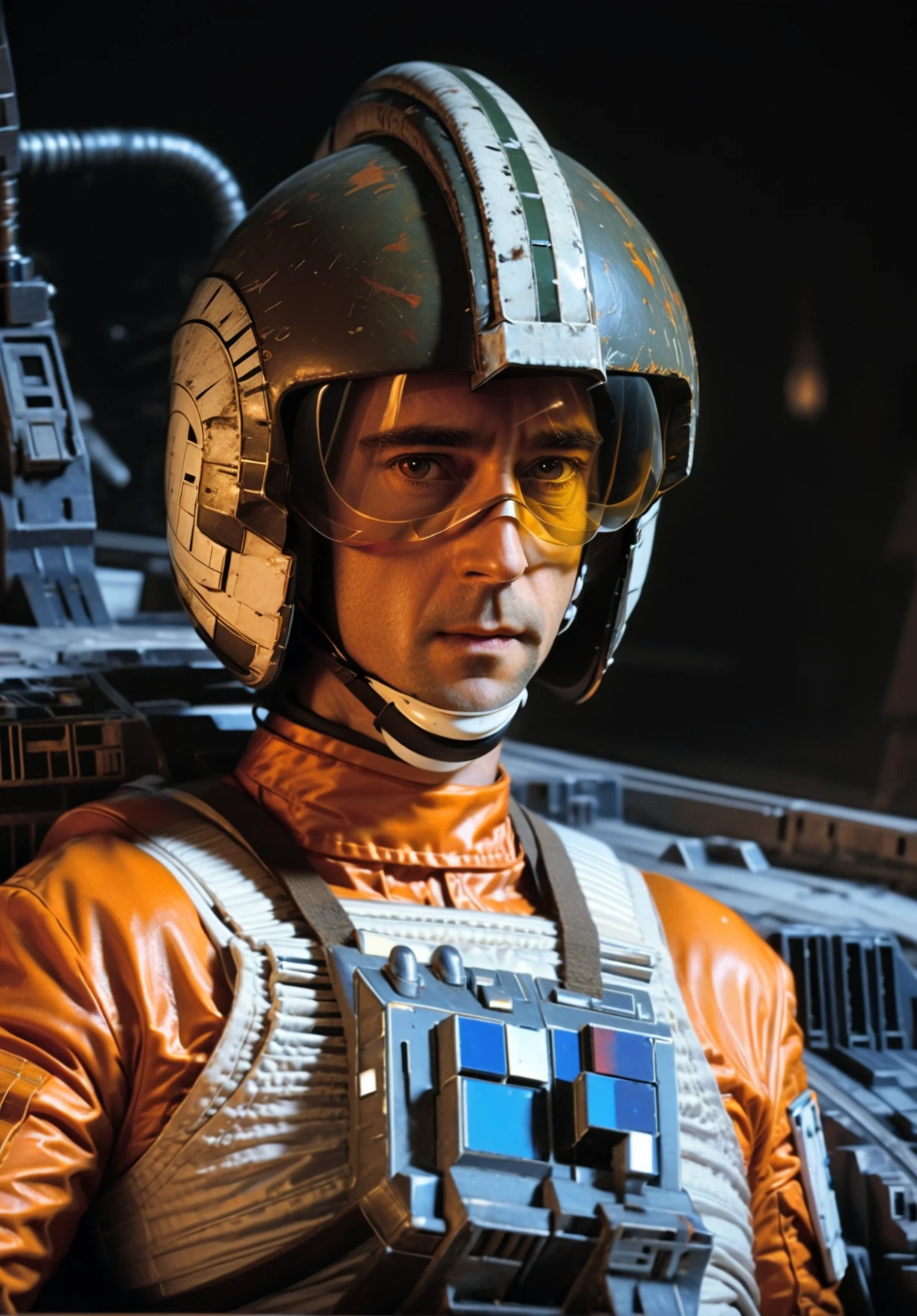 <lora:WedgeAntilles:1> WedgeAntilles in an orange Star Wars X-Wing pilot outfit and holding a helmet and a gun, ((short hairstyle)), background of X-Wing spaceship in a futuristic sci-fi cargo hold, dramatic shadows, pose inspired by Boris Vallejo, brushwork echoing Carne Griffiths, and color palette reminiscent of Wadim Kashin, set under studio lighting, captured with a 5d camera, in HDR, 8k resolution, sharp focus, infused with a graphic novel aesthetic, cinematic