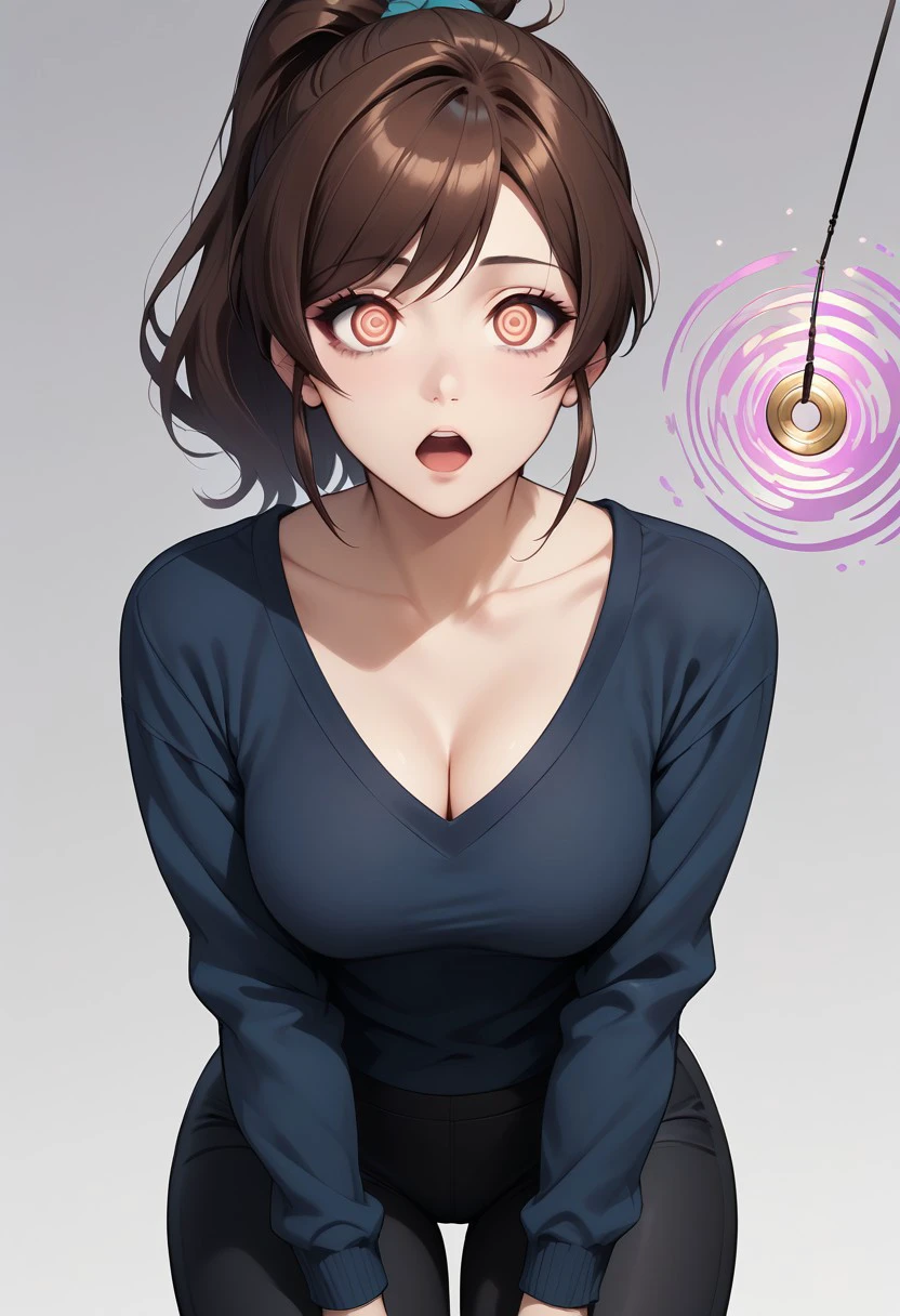 score_9,score_8_up,score_7_up,score_6_up,score_5_up,score_4_up , (hypnosis, mind control), ((empty_eyes)), 1girl, blank stare, open mouth, sultry, swept bangs, brown ponytail, blue sweater, black shirt, cleavage, black yoga pants, long eyelashes,