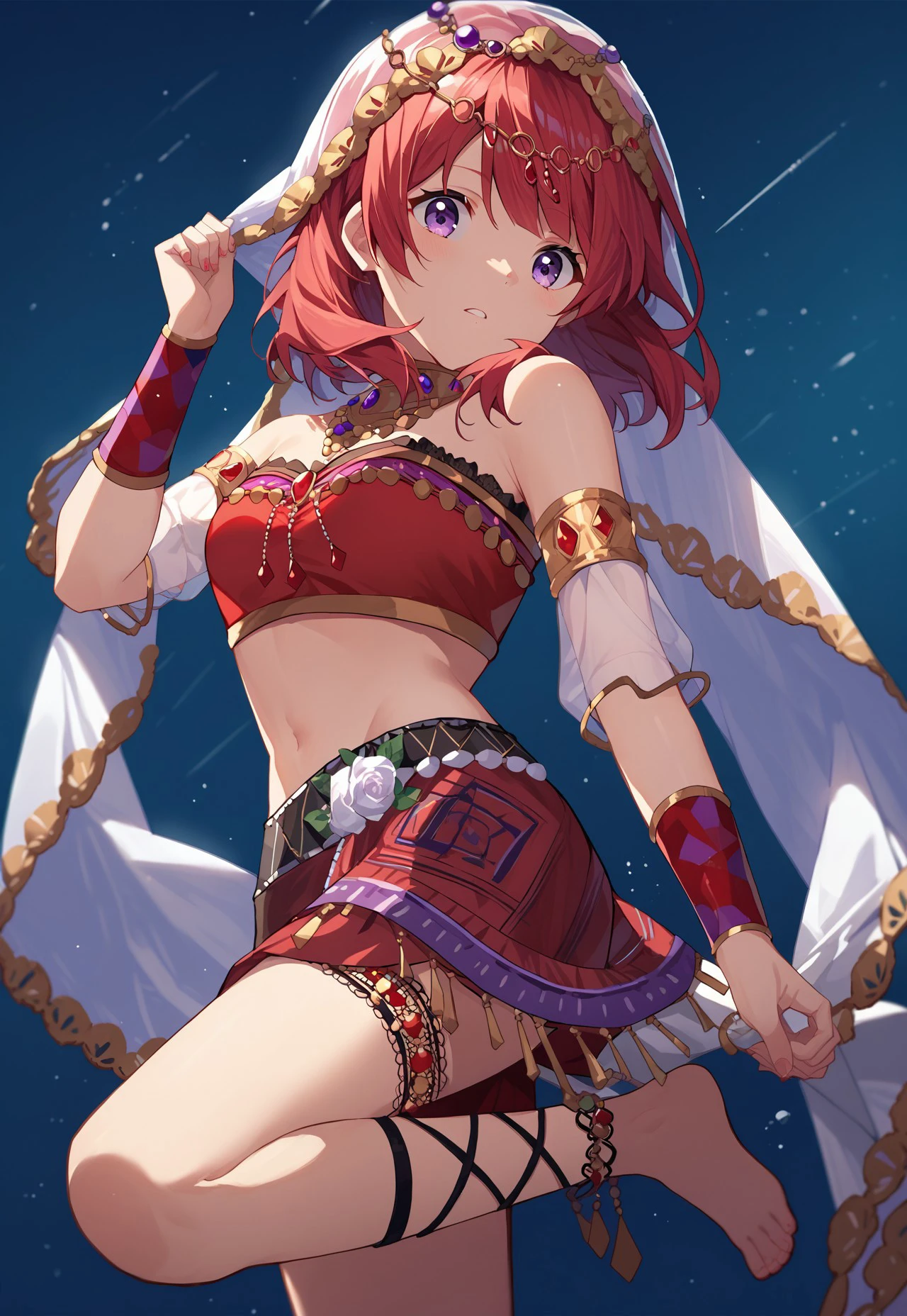 score_9, score_8_up, score_7_up, source_anime, 1girl, solo, llsif_dancer, red bandeau, red skirt, barefoot, Nishikino Maki, red hair, medium hair, purple eyes