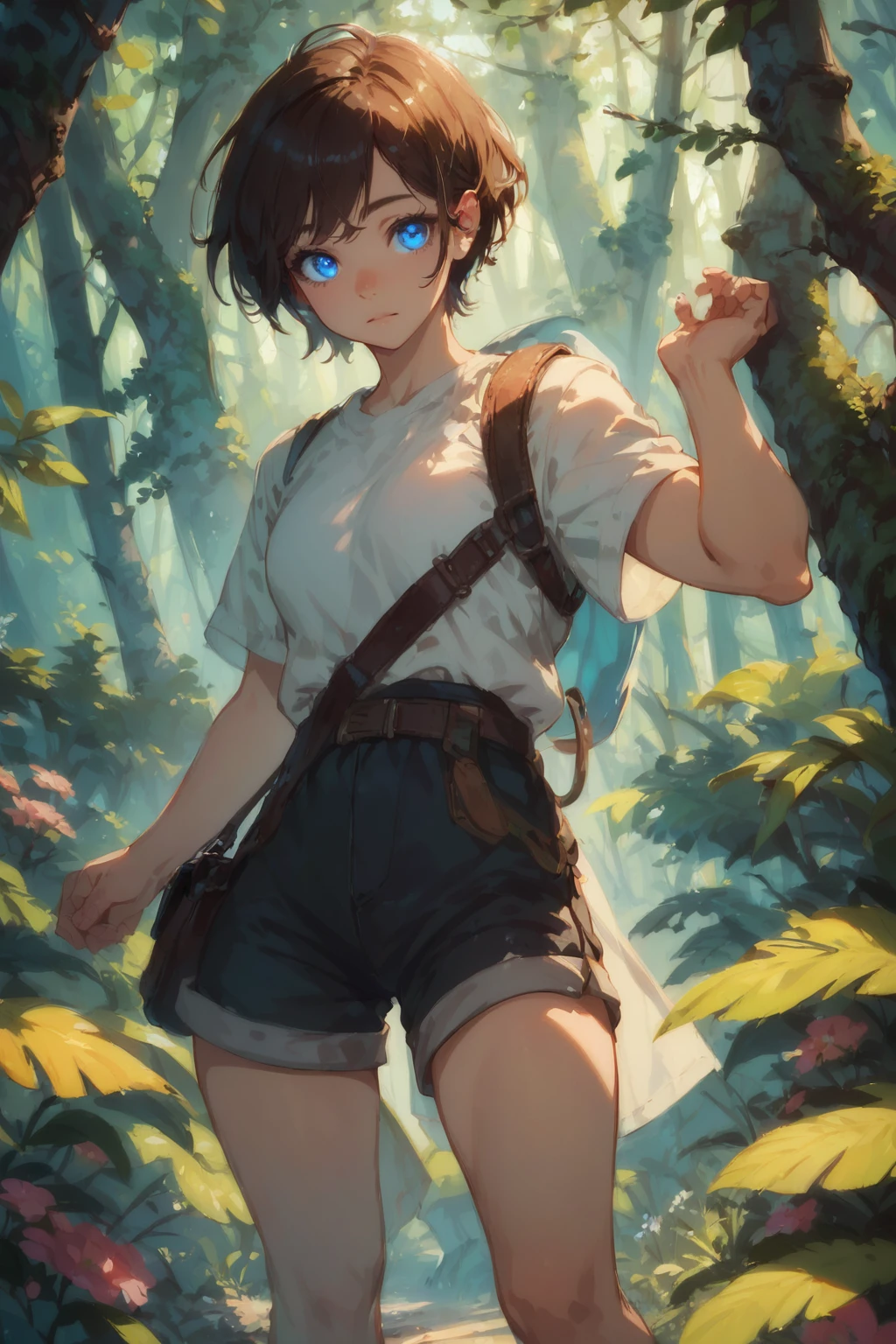 PDXL, 1girl, cute face, detailed eyes, 
short brown  hair,
glowing blue eyes, ,
white shirt, black shorts, 
walking through a forest