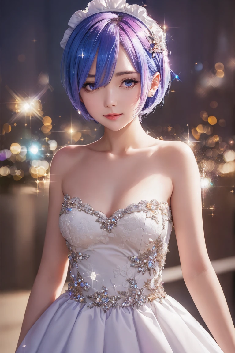 a beautiful rem\(rezero\), maid dress, strapless maid dress, vivid color, looking at viewer, bokeh, (sparkling:1.75), excellent quality, masterpiece, amazing intricate finely detailed, volumetric lighting, ultra-HD, UHD, 8K, 16K