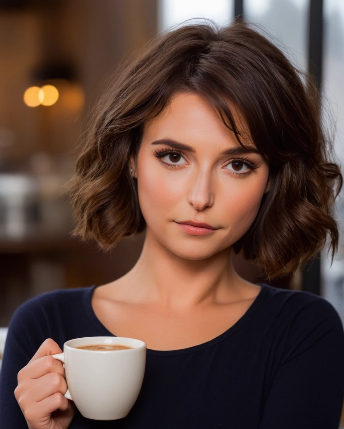 perfect face, mlnvntrb woman, professional photo portrait,dark shoulder length wavy hair ,upper body shot,looking at camera holding a cup of espresso,depth of field,bokeh,fog,dimly lit,gloomy, indoor cafe background
<lora:milanavayntrub_V1_SDXL_DORA:0.95>