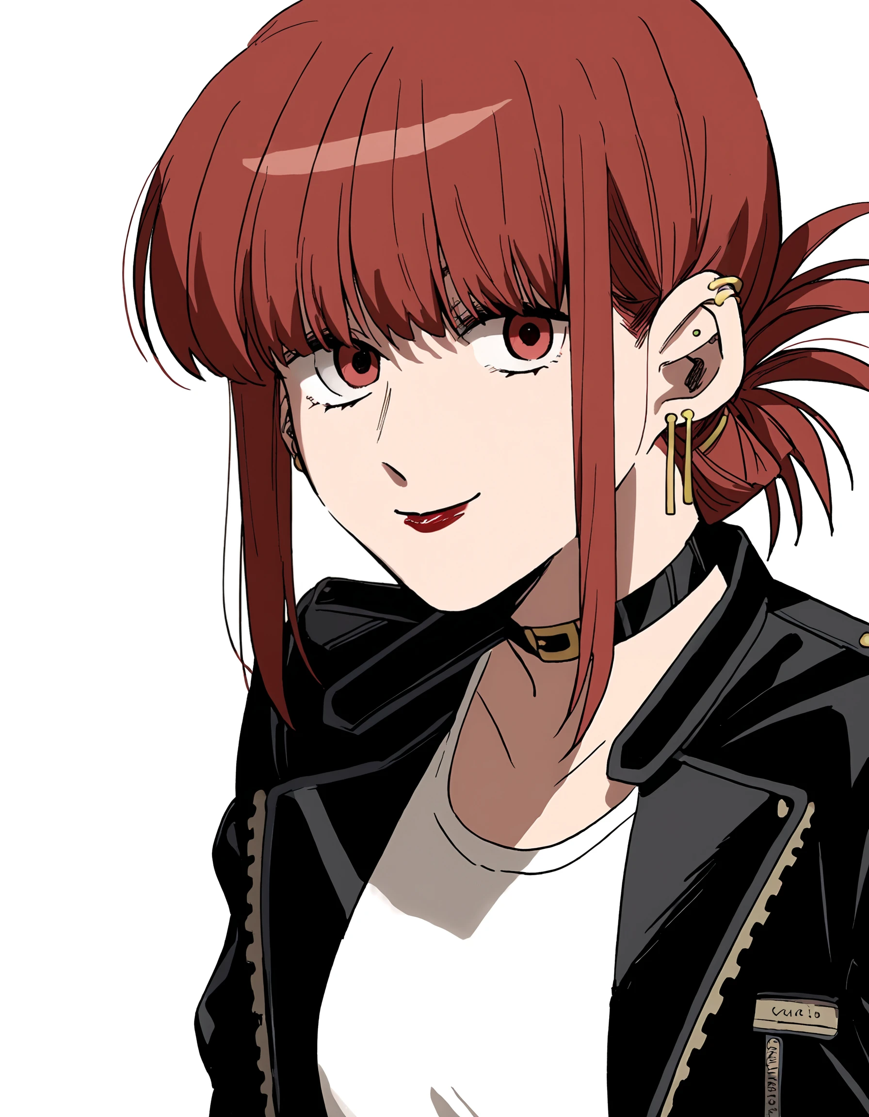 score_9, score_8_up, score_7_up, source_anime
BREAK 1girl, solo, <lora:TayamaXL-v4:1.0>, tayama, red hair, folded ponytail, red eyes, earrings, ear piercing, lipstick, red lips, black choker, black jacket, leather jacket, long sleeves, white shirt, looking at viewer, smile, upper body, white background