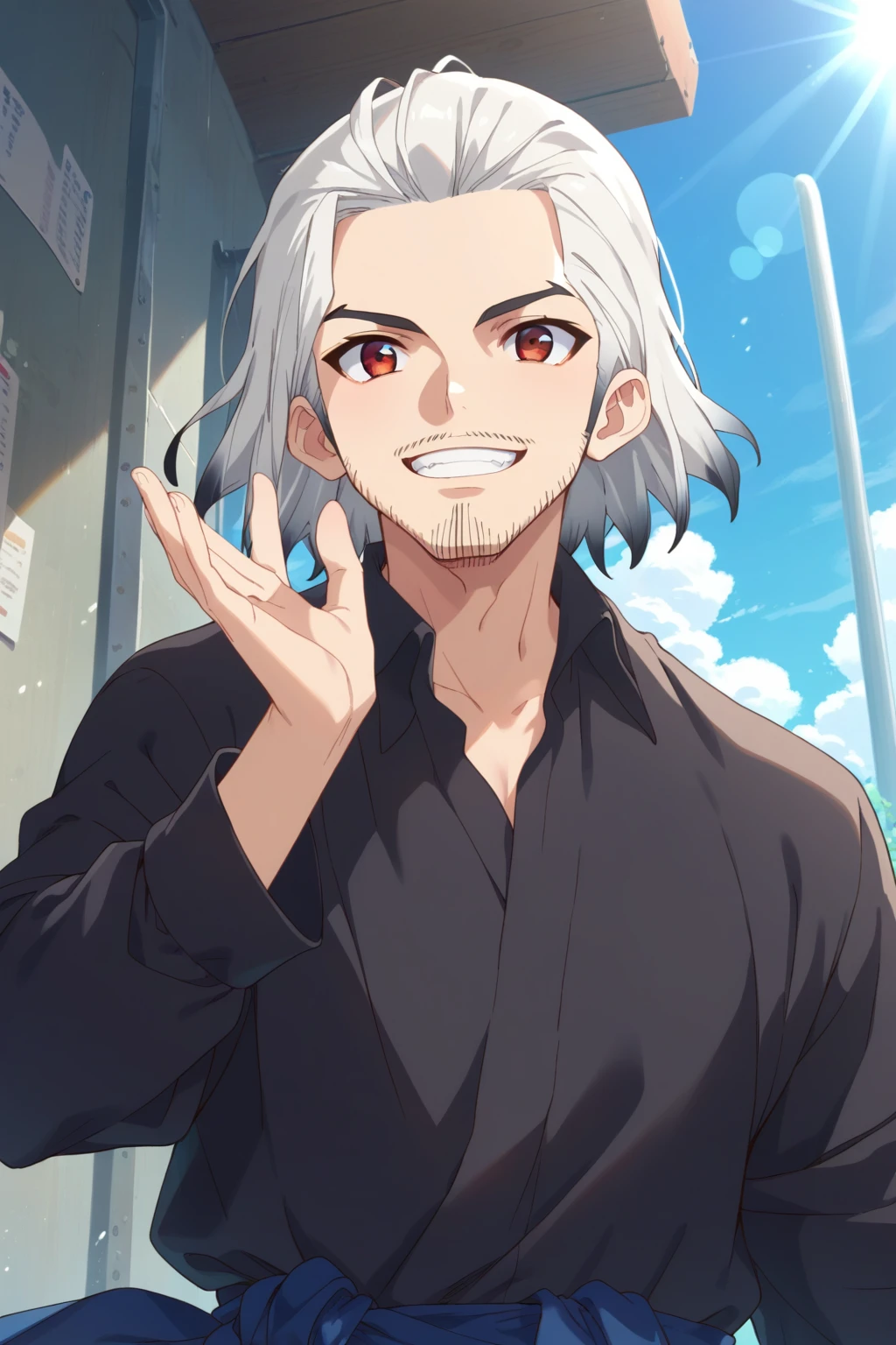 score_9, score_8_up:1.1), score_7_up, source_anime, Byakuya Ishigami, 1boy, solo, white hair, gray hair, two-toned hair, beard, tall, medium hair, red eyes, hand up in the air,, smile, teeth, looking up, sky view, sunlight, rays of light