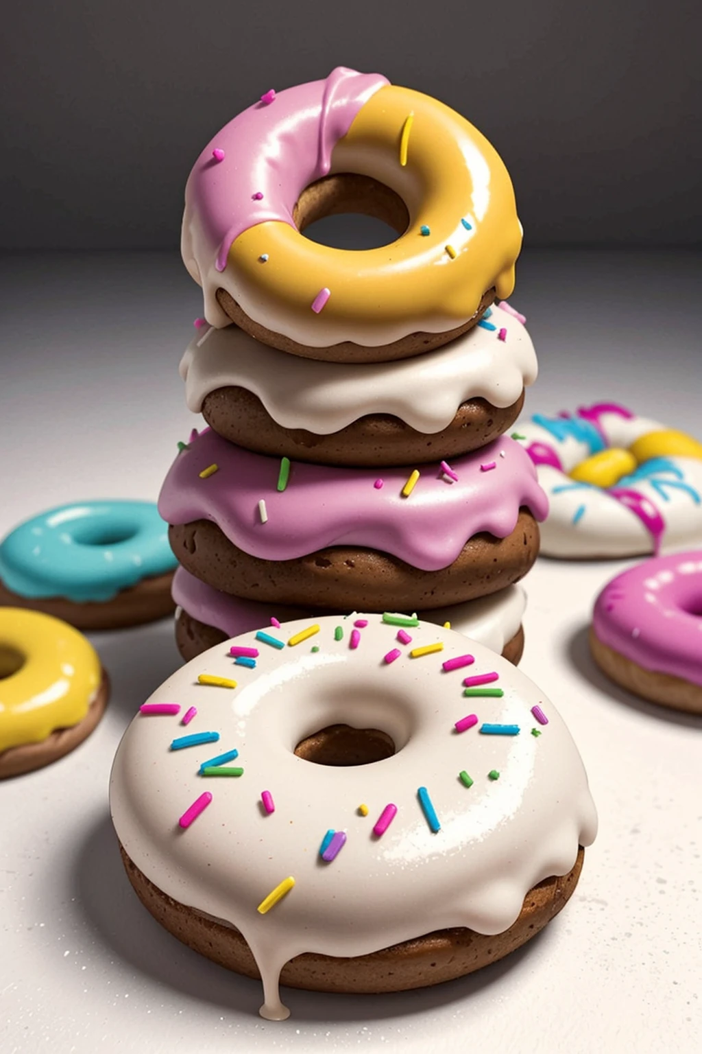 Close-up of colorful donuts with various frosting and sprinkles on a white surface, creating a vibrant and appetizing display, realistic render <lora:General-Design\add_detail:0.7>