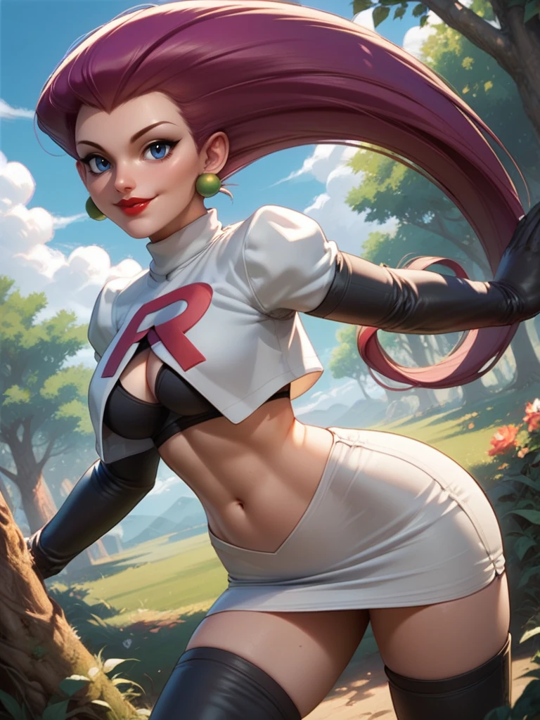 Jessie, team rocket, tan Pantyhose, open legs, high boots, gloves, sun shiny day
