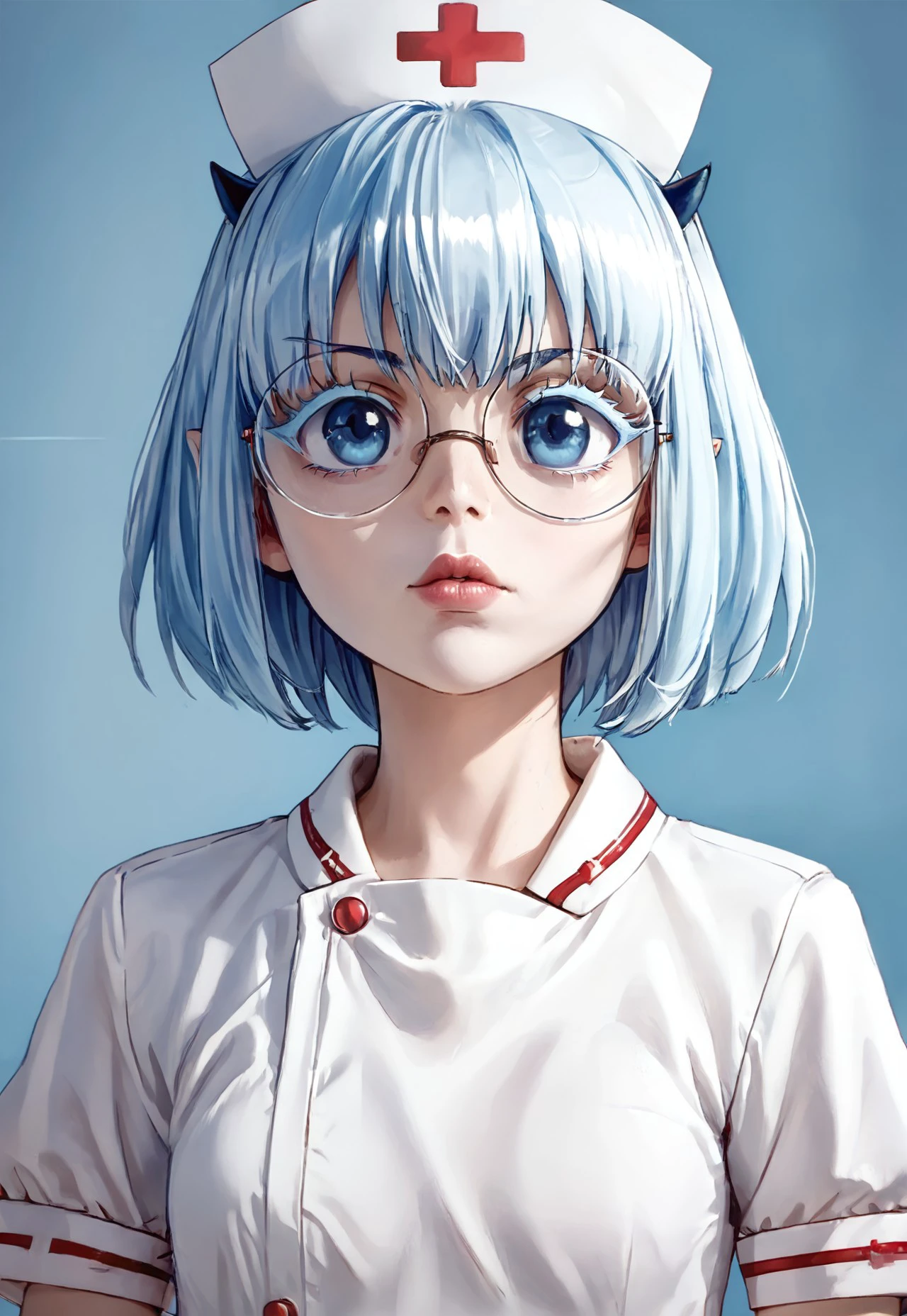 safe_pos, 1 girl, standing eye catching, solo, light blue hair, short hair, blue eyes, horns, round eyewear, colored eyelashes,  (,((score_9, score_8_up)):1.5), perfect lighting,realistic lighting, best quality, masterpiece, (head to thighs) 1girl, solo,beautiful face,contoured eyebrows,erotic model, full lips, skin colored lips, glossy lips, wearing nurse uniform,nurse, nurse cap, white dress, hospital background, perfect, detailed, best