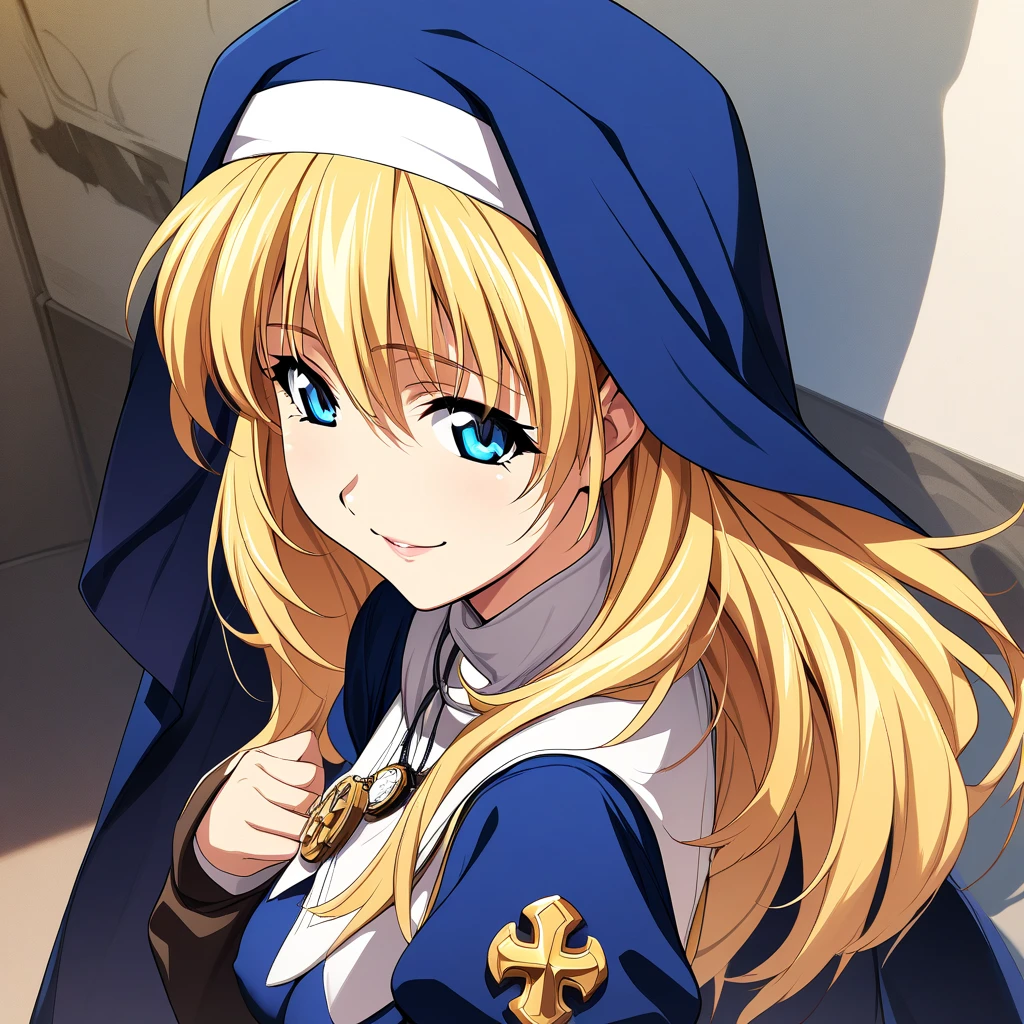 (masterpiece),(best quality),(ultra-detailed),(best illustration),(best shadow),(absurdres),(detailed background),(very aesthetic), rosette_christopher, 1girl, solo, blue eyes, pendant watch, habit, blonde hair, nun, breasts, jewelry, long hair, necklace, medium breasts, smile, cross, seductive smile, <lora:Rosette_Christopher:1>