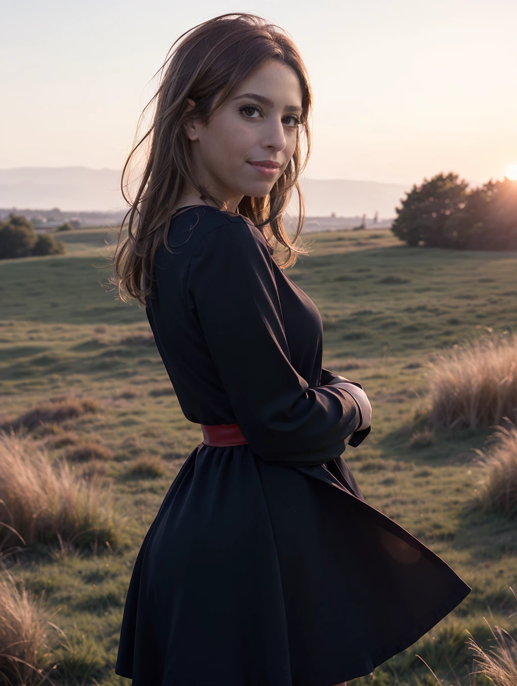 Lea8, upper body portrait of a standing woman wearing a black folk dress with red patterns outdoors in a grass field (eye contact:1.3), hair blowing in the wind, at golden hour