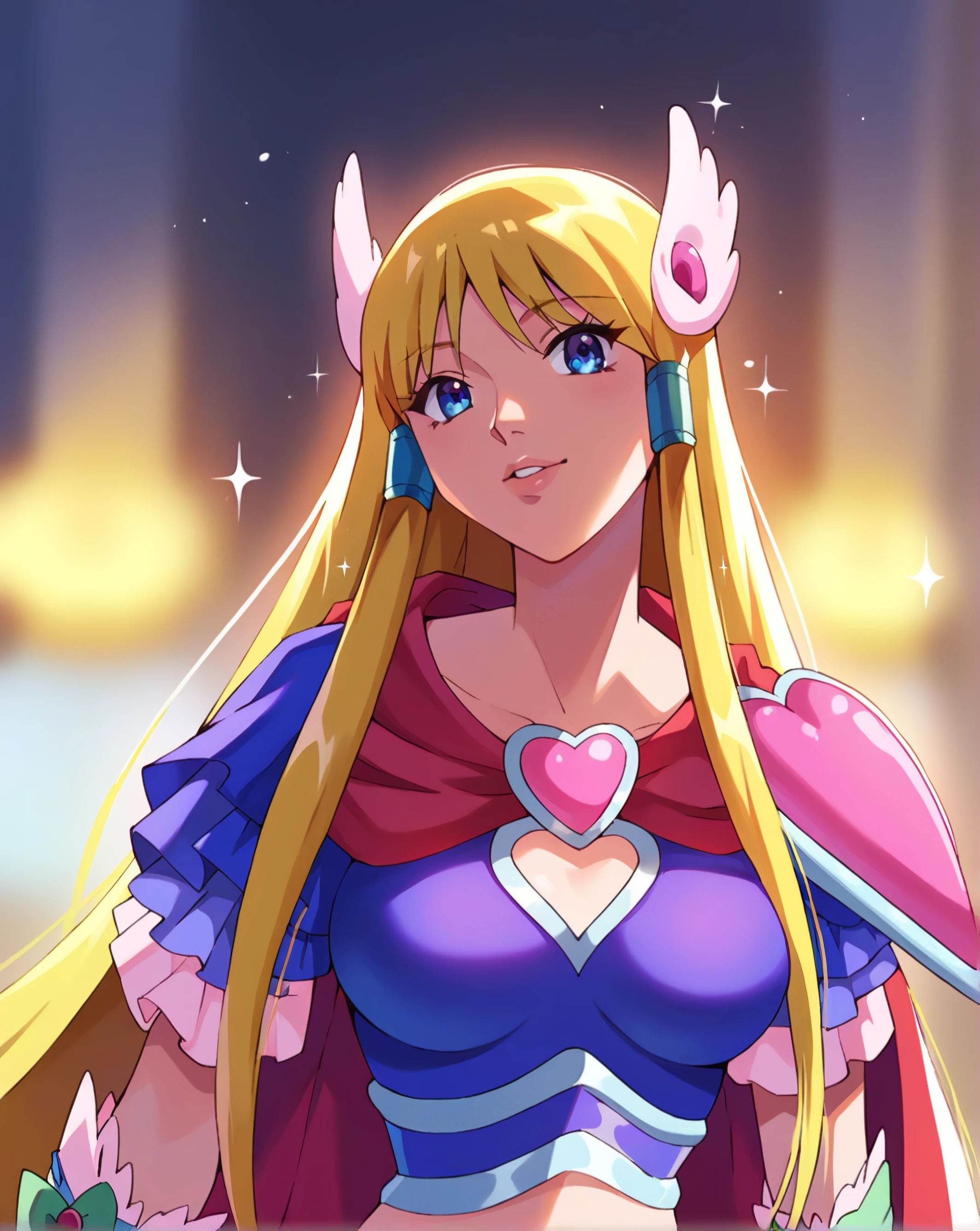 score_9, score_8_up, score_7_up, detailed digital art, promo art,  solo,  denbo,  magical girl, blonde,
1girl, solo,  high quality, magical girl, blonde hair, red cape, blue tube top, torso, medium breasts, midriff, hair accessories, blonde hair, blue eyes, depth of field, standing, medium shot, upper body,
posing,  sparkles, jpop, masterpiece, best quality, very aesthetic, absurdres, pretty cute girl, detailed shading