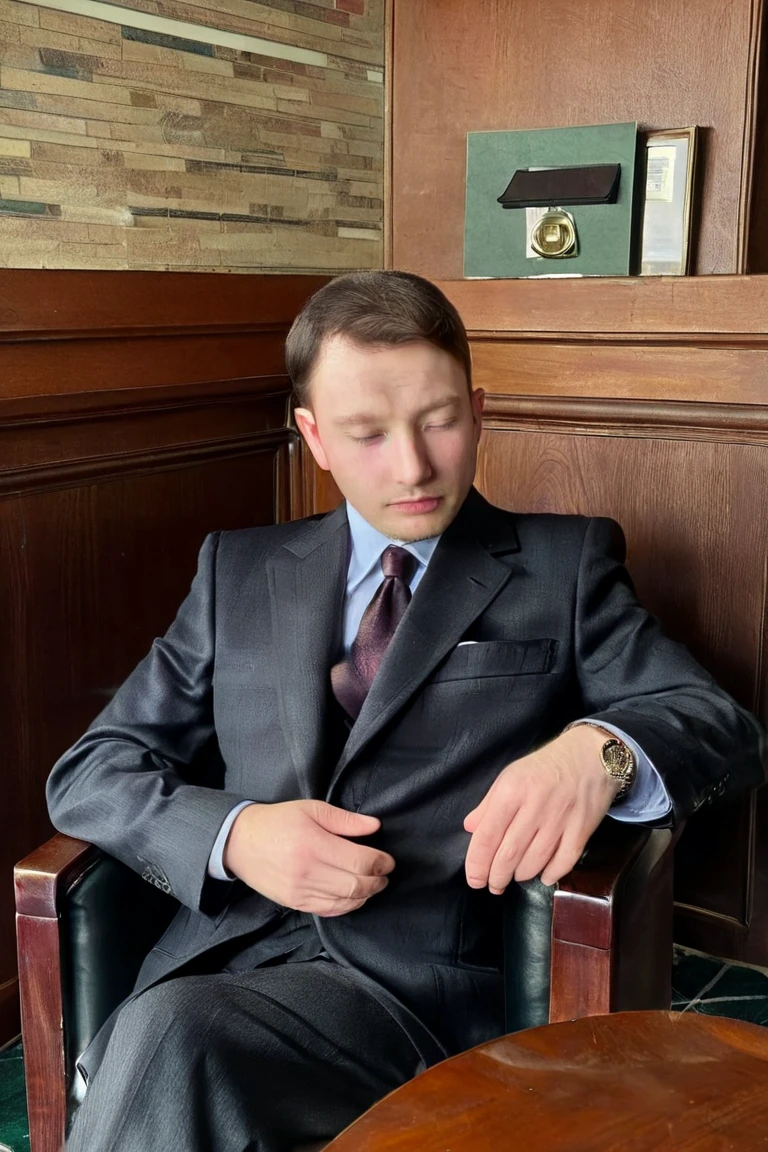 A man in a suit sitting in a chair with a cold look on his face, realistic,