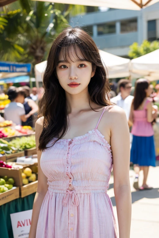 masterpiece, best quality, ultra-detailed, ultra high res, (photorealistic:1.4), raw photo, (realistic:0.2), 8k HDR, realistic lighting, looking at viewer, 1girl, solo, asymmetrical hair, outdoor, (traditional market:1.2), (day), bokeh, (detailed lips), (detailed pores), (detailed skin textures), (detailed face:1.2), (body:1.2), a woman in a sundress, cowboy shot, thigh gap