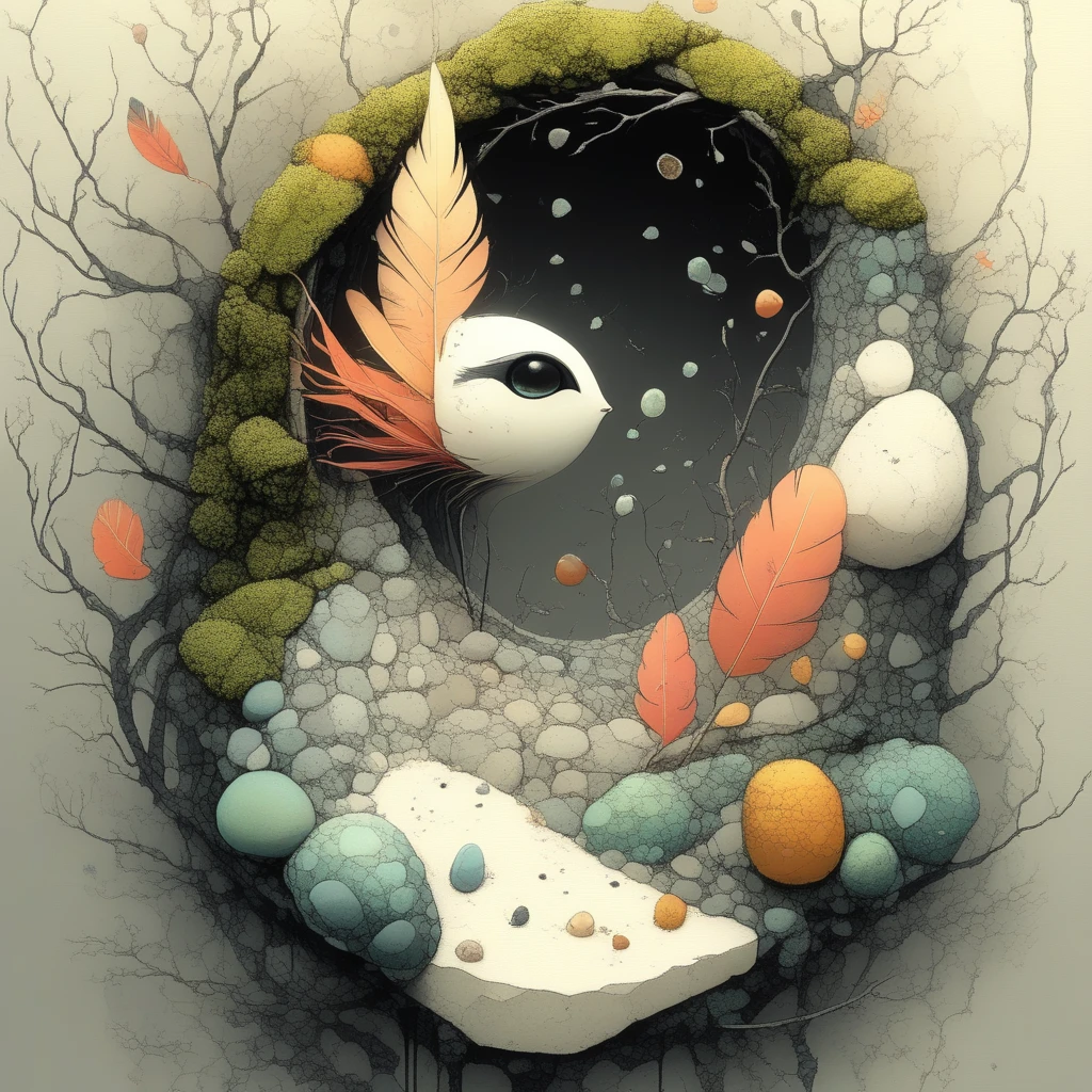 fantasy art, nature, conglomerate, moss, feather, pebble, sand, twig, leaf, petal, pollen, seed, gravel, clay, fur, illustration, animated construction, black ink, watercolor, in the style of pixar, in the style of anne bachelier, in the style of escher, in the style of klimt