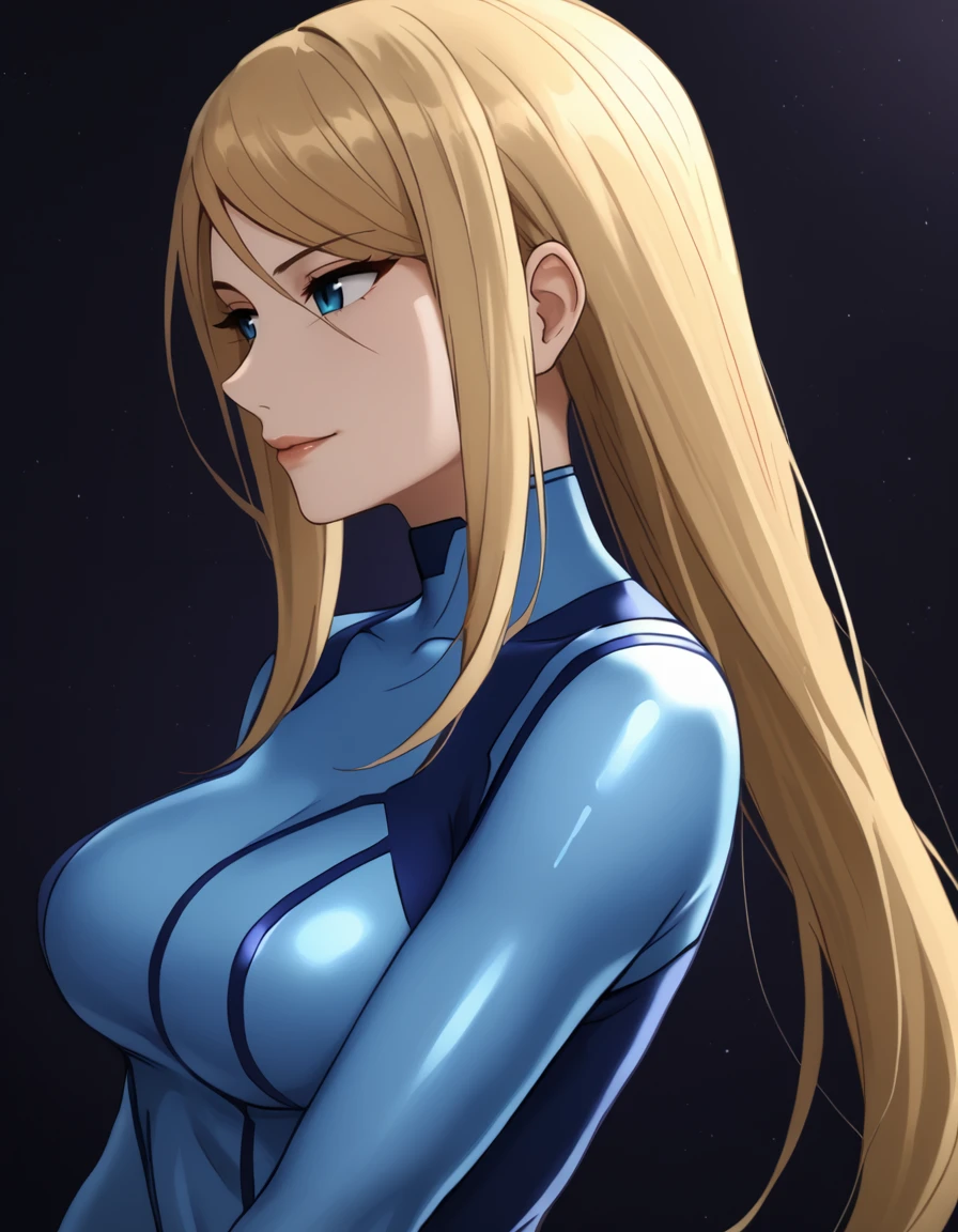 <lora:samus aran:1>,samus aran, zero suit, solo 1 girl, smile, hands in hair, looking away, dark background