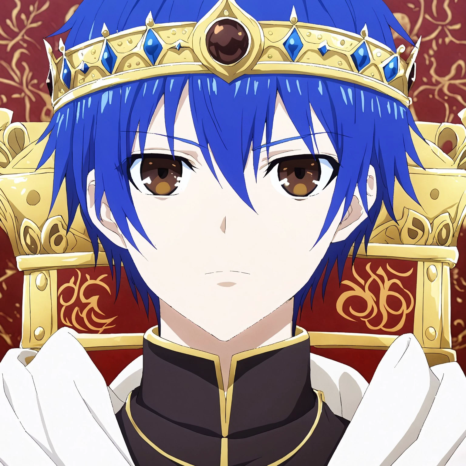 1boy, blue hair, brown eyes, emperor Crown, emperor cloths, closeup, looking at viewer