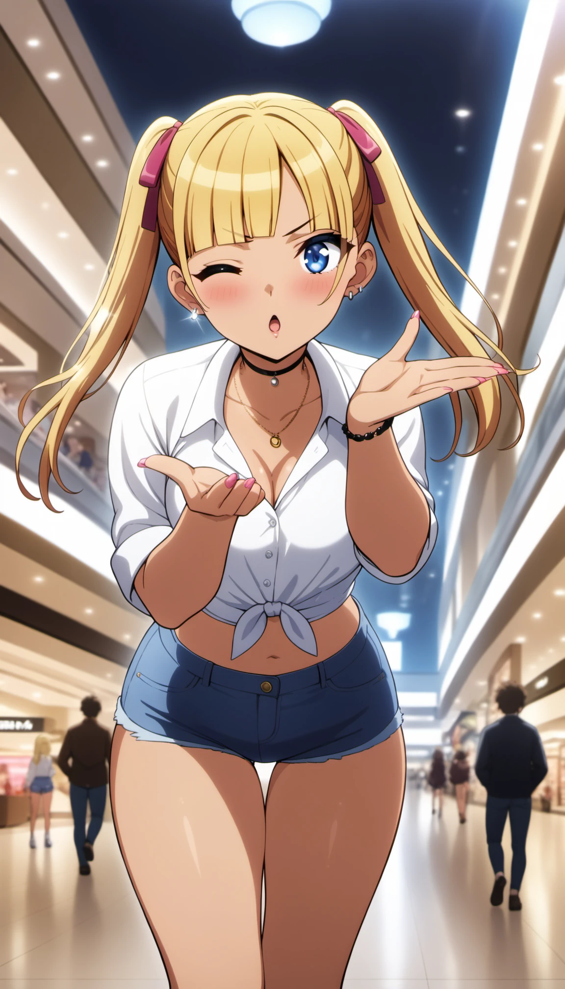 1girl, arisugawa rina, blue eyes, blonde hair, twintails, blunt bangs,
gyaru, ganguro, tan, red ribbon, blowing kiss, one eye closed, midriff, white shirt, denim shorts, short shorts,
mall, shopping, 
masterpiece, best quality, very aesthetic, highres, absurdres, incredibly absurdres, anime coloring, cinematic lighting <lora:CulturedDiffusion_Arisugawa_Rina_AniXLV31:0.7>