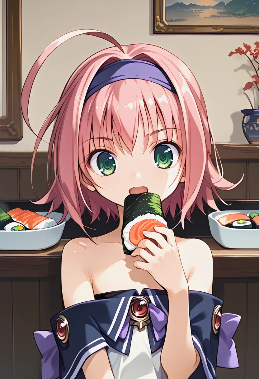 <lora:dlsakura_Pv11:1>, tvsakr, 1girl, green eyes,  short hair, high quality, upper body, hairband, flat chest, bare shoulders, large eyes, open mouth, ahoge, off shoulder, grin, looking at viewer,  purple bow, eating, sushi, nigirizushi,