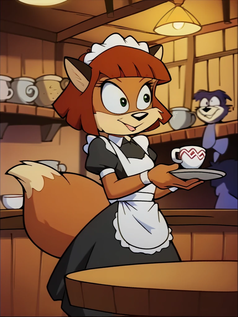 score_9, score_8_up, score_7_up, score_6_up, score_5_up, score_4_up, source_furry, jane_tloti, fox tail, maid uniform, holding tray, serving tray, cup, mug, coffee, table, chair, cafe, crowd, detailed eyes, detailed face, (retro artstyle, 1990s \(style\), flat color, toon \(style\)), <lora:janetloti-v1:1>