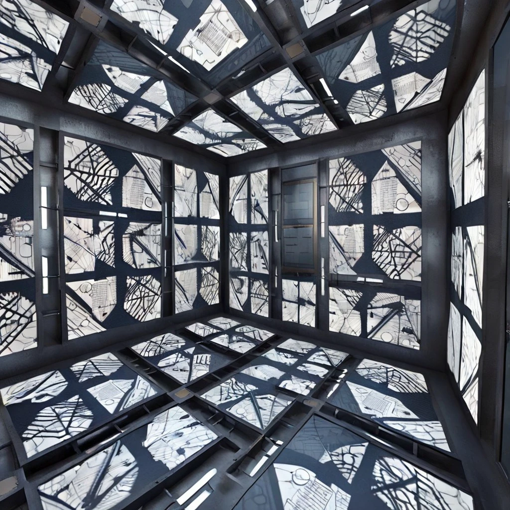 "Generate a highly detailed, sci-fi inspired image of an intricate, futuristic big room. The room should be a cubic space with walls, floor, and ceiling all composed of interconnected panels displaying complex, monochromatic geometric patterns. The patterns should resemble a mix of circuit-like designs and abstract, maze-like structures, creating a sense of technological sophistication. The room's lighting should be low and diffuse, casting subtle shadows that accentuate the depth and complexity of the patterns. In the background, include a small, dark passageway that adds an element of mystery and intrigue to the scene. The overall atmosphere should evoke a sense of being inside a high-tech, futuristic labyrinth or control center, with an emphasis on symmetry and the stark contrast between light and shadow."