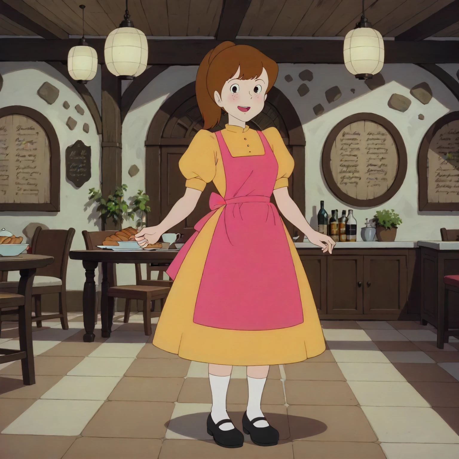 <lora:TCoC_WaitressXLpony002>,
indoors,
looking at viewer,smile,open mouth,
solo,
Waitress,1girl,brown hair,ponytail,black eyes,
yellow dress,puffy_sleeves,short_sleeves,pink apron,
full body,standing,