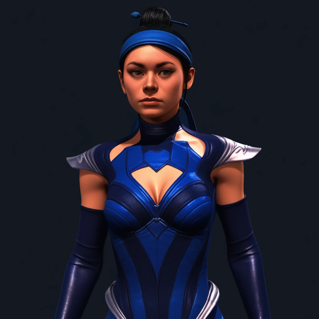 Kitmk11, black hair, hair bun, blue headband, bodysuit, medium breasts, cleavage cutout, armor, elbow gloves,