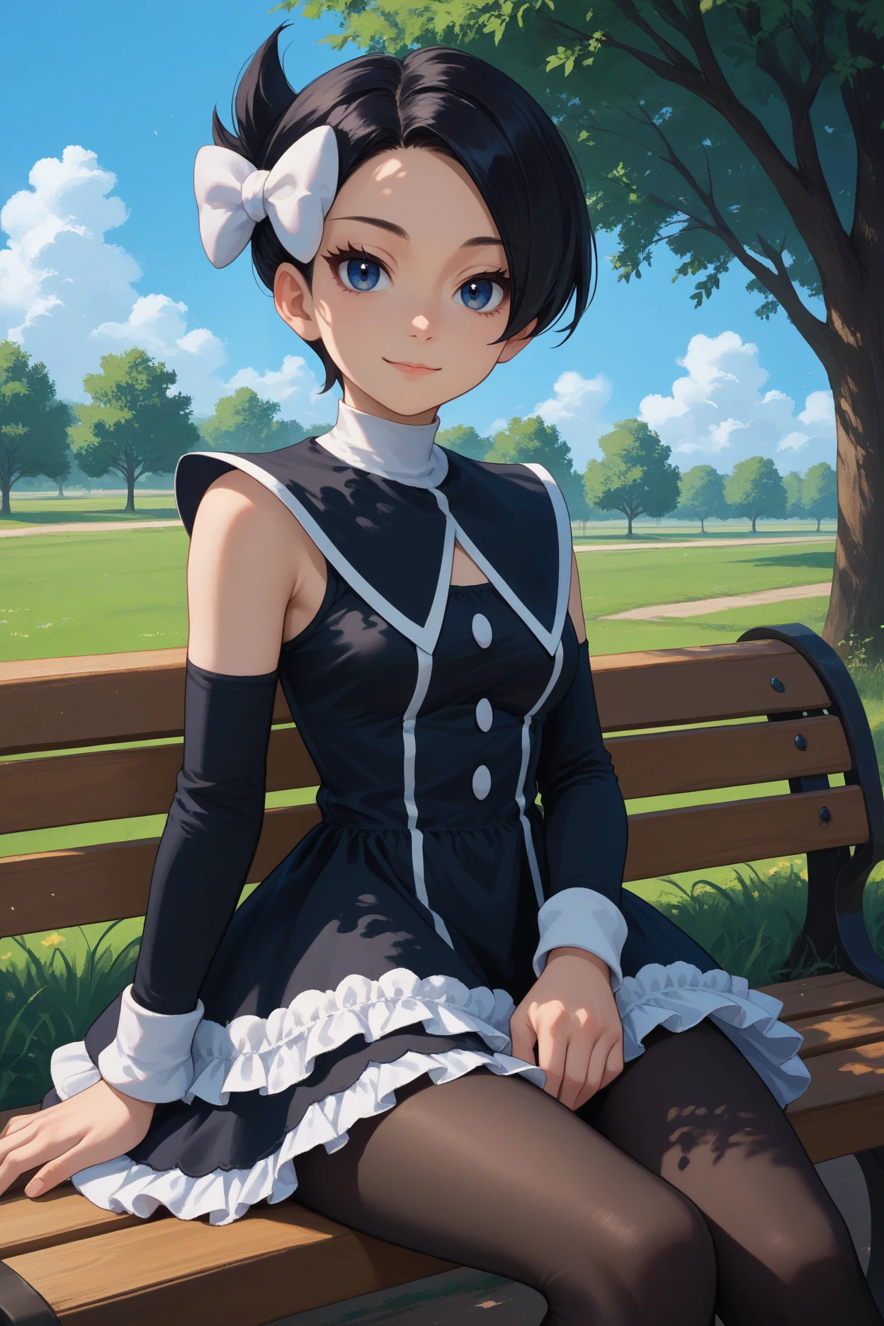 score_9, score_8_up, score_7_up, score_6_up, source_anime, 1girl, solo,  <lora:pkmnmarley-pdxl-nvwls-v1-000006:1> pmMly, black hair, short hair, blue eyes, hair bow, white bow, black dress, clothing cutout, frilled dress, sleeveless, detached sleeves, black pantyhose, blue sky, field, medium breasts, sitting, park bench, bench, trees, looking at you, light smile