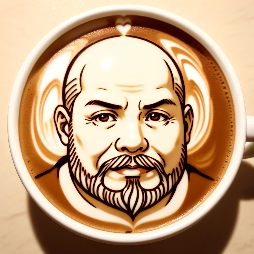 <lora:latte_art_SDXL_v1:0.3>, old beard bald fat man, latte art, sepia,