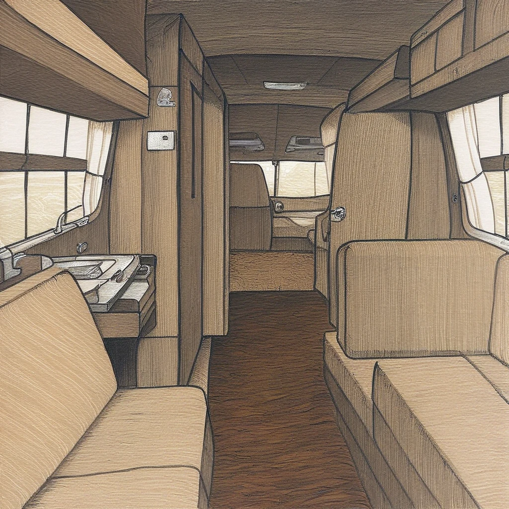 rv interior, recreational vehicle interior, couch, scenery, indoors, curtains, traditional media, door, chair, window, bed