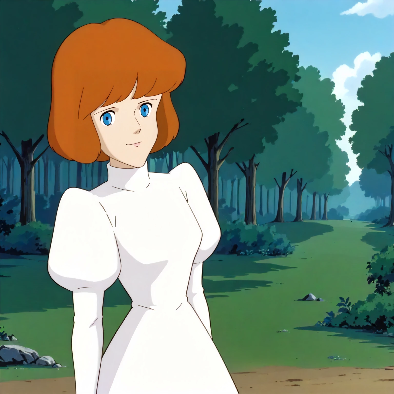 <lora:TCoC_ClarisseXLpony002>,
outdoors,nature,
solo,
looking at viewer,smile,
Clarisse,1girl,orange hair,bob_cut,blue eyes,
standing,
white dress,turtleneck,juliet sleeves,