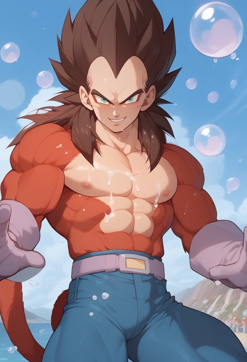 water splashes vigorously in the background, surrounded by water, water everywhere, <lora:SSJ4_Vegeta:0.8>, spiked hair, 1boy, green eyes, red eyeliner, brown hair, red fur, red body fur, vegeta, monkey boy, monkey tail, armor, gloves, pants, jeans, teeth, lean, abs, looking at viewer, smiling, laughing, 5 fingers, Ultra detailed, bubbles everywhere, bubbles,, score_9, score_8_up, score_7_up,