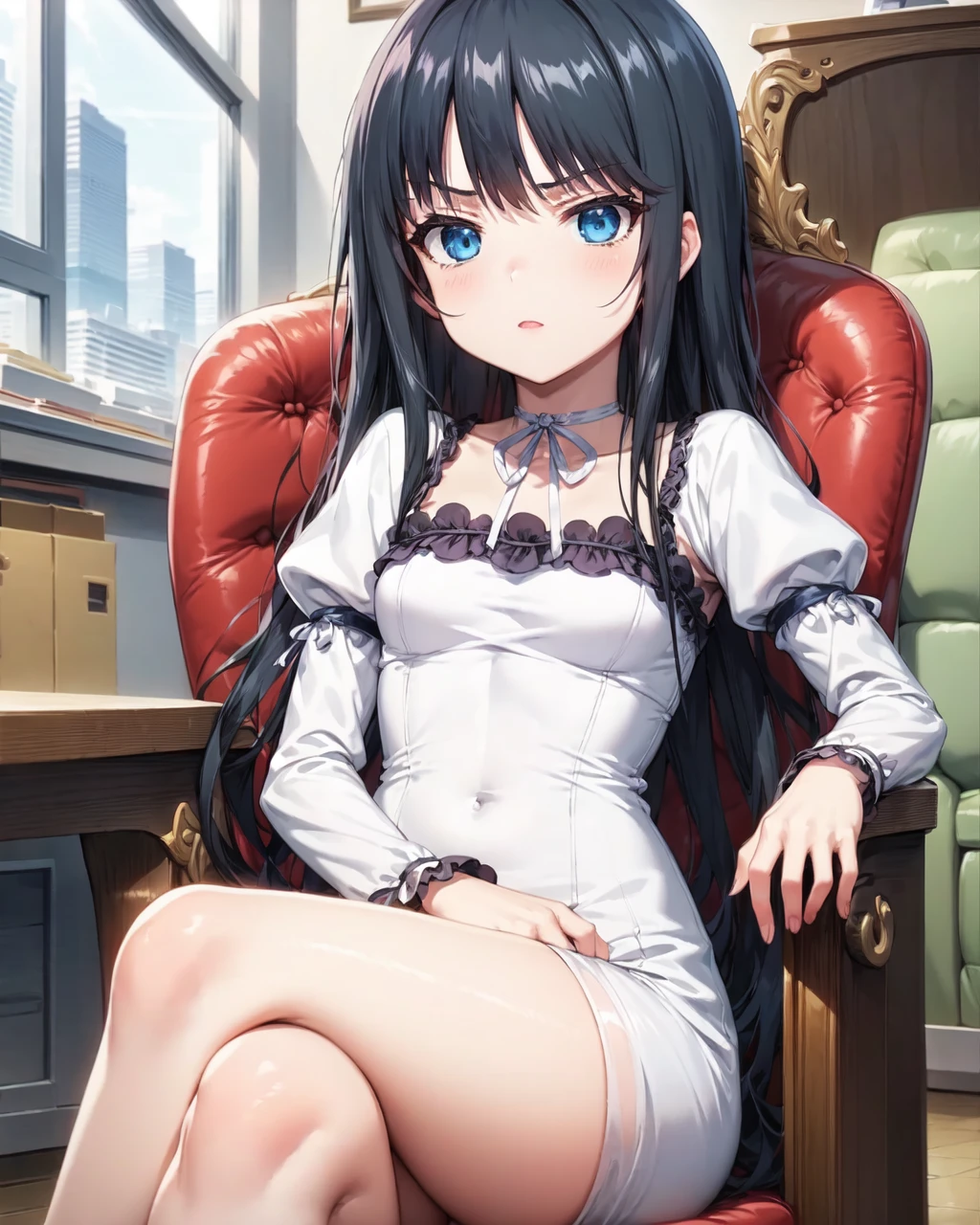 indoor,office_chair,armchair,window_,office BREAK
natsuki_minamiya,1girl,solo,long hair,blue eyes,black hair,very long hair,
choker,puffy sleeves,(white dress:1.1),white ribbon,neck ribbon,long sleeves,dress,ribbon,juliet sleeves,ribbon choker,
sitting_on_chair,crossed_legs,serious,<lora:Natsuki_Minamiya(Strike The Blood)>,