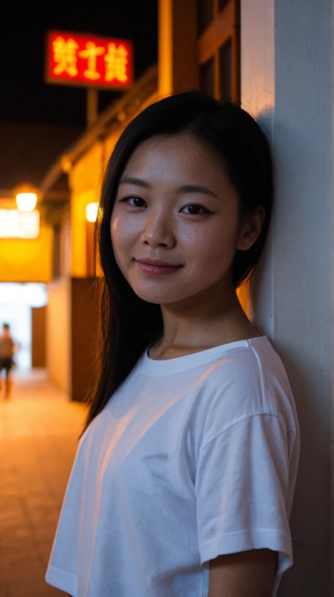 portrait photo, 18yo chinese girl, perfect asia face, posing, soft lit, seductive smirk, highly detailed, (freckles:0.3), (background town), (snub nose), shirt