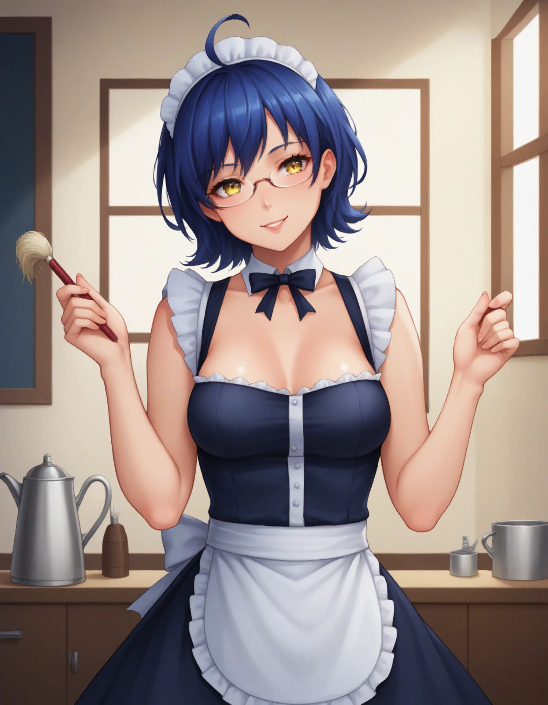 (masterpiece), best quality, expressive eyes, perfect face, score_9, score_8_up, score_7_up, source_anime, 1girl, solo, BREAK, zhenya, blue hair, short hair, ahoge, yellow eyes, glasses, medium breasts, smile, smooth body, shiny skin, BREAK, maid costume, bend over, cleaning, rag, head tilt, standing, pose, BREAK, living room, BREAK, colorful, vibrant colors, detailed face, stunning, highly detailed, 8k, intricate, cinematic, dehazed, atmospheric, highres, best quality, detailed eyes, , <lora:b2a50ec4-d220-4386-b63f-63b50f57c740:0.7>