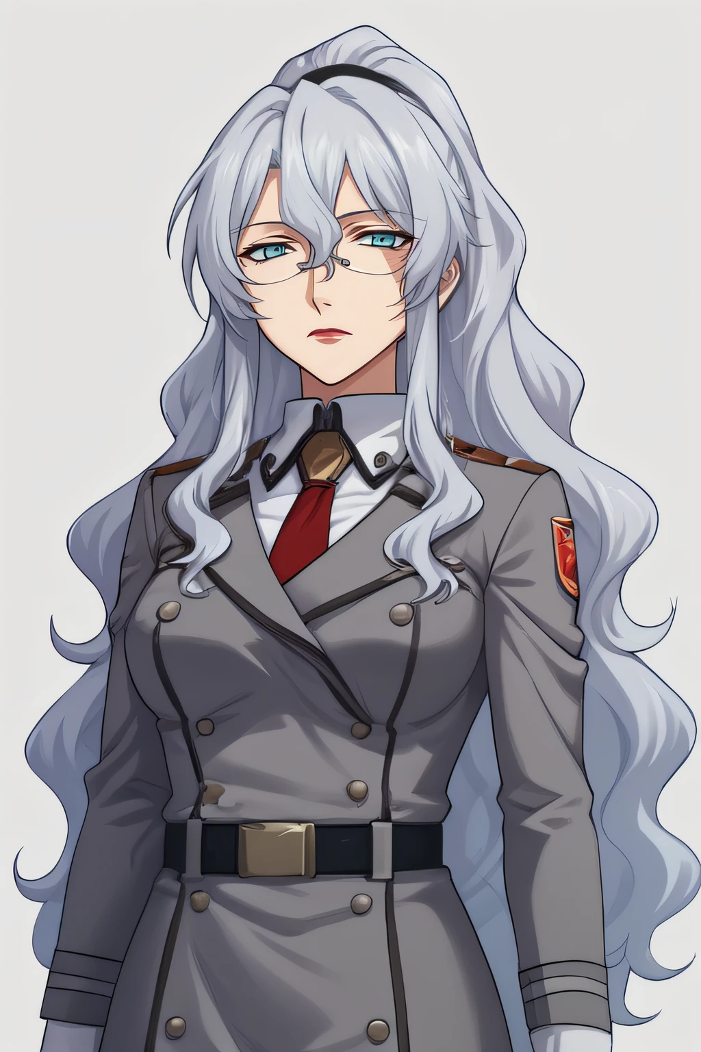 score_9, score_8_up, score_7_up, source_anime, rating_safe, intricate details, anime screencap, official style, 1girl, <lora:Chall_Acustica_00F:1>, acustica, grey hair, ponytail, long hair, wavy hair, hair between eyes, glasses, lazy eye, mature woman, gray military uniform, red necktie, belt, expressionless, looking at viewer, cowboy shot, black skirt, thighs, simple background, lipstick, <lora:Burn_scar:1>, burn scar