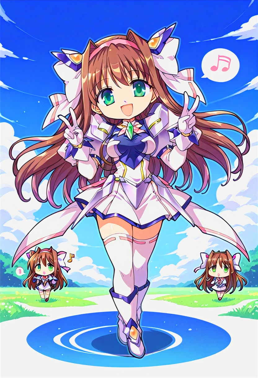 [bolero mix is merged by Bolero537:100], score_9, score_8_up, score_7_up, rating_questionable, source_anime, uncensored, best quality, masterpiece BREAK <lora:twinkle_saber_v2-000010:0.8>, twinkle saber, brown hair, long hair, green eyes, medium breasts, magical girl, covered breasts, hairband, hair ornament, hair bow, gem, latex clothes, dress, armor, puffy sleeves, gloves, boots, white thighhighs, zettai ryouiki, ribbon BREAK nature, sky, cloud, field, (chibi:1.4), v sign, double v, head tilt, smile, open mouth, :d, full body, 1girl, spoken musical note