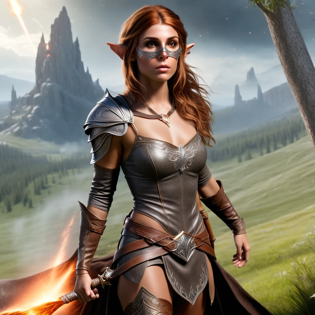 23 years old, Nevamirr is a fun-loving, yet mysterious wood elf with long ears and tan skin, ((wearing a tan filigree face mask)), a wood elf rogue, warrior wearing brown leather armor, ((reddish brown hair)), looking at a meteor from the sky, open glade, extremely freckled tan skin, medieval landscape, sneaking action shot, glade background, raw, masterpiece, extreme ultra best picture, extreme ultra intricate creative detail, extreme hyper realistic detail, extreme ultra hyper photo realism, extreme ultra-hyper immersive visuals, extreme 3D realistic, ultra 4080p, HD, VFX, SFX, FKAA, TXAA, RTX, SSAO, medium breasts, 5 perfect fingers, my meteor