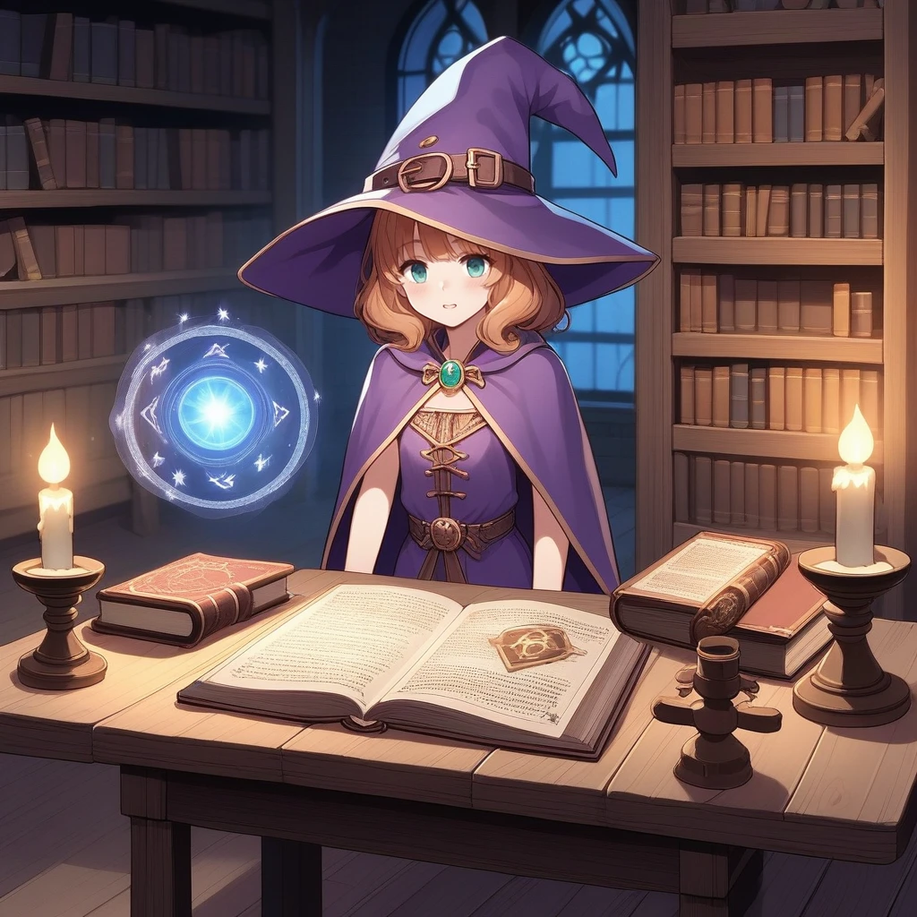 score_9, score_8_up, score_7_up, score_6_up, score_5_up, score_4_up, zPDXL2,source_anime,rating_questionable, 1girl, wizard, magic, wizard hat, robes, <lora:Magic_Room:0.8> m4gicroom, indoors, table, candle, bookshelf, wooden floor, book stack, lamp