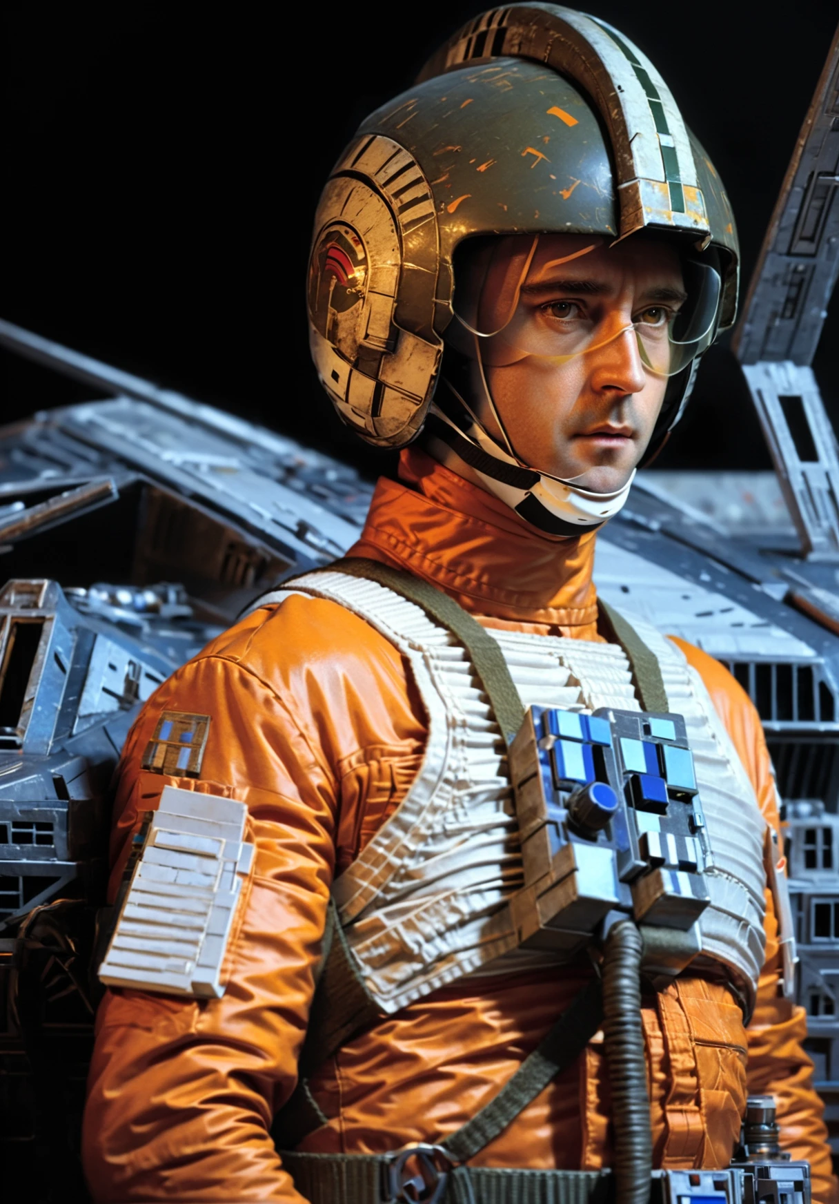 (eclose-up shot1.5) (side view1.5) of <lora:WedgeAntilles:1> WedgeAntilles in an orange Star Wars X-Wing pilot outfit and holding a helmet and a gun, ((short hairstyle)), background of X-Wing spaceship in a futuristic sci-fi cargo hold, dramatic shadows, pose inspired by Boris Vallejo, brushwork echoing Carne Griffiths, and color palette reminiscent of Wadim Kashin, set under studio lighting, captured with a 5d camera, in HDR, 8k resolution, sharp focus, infused with a graphic novel aesthetic, cinematic