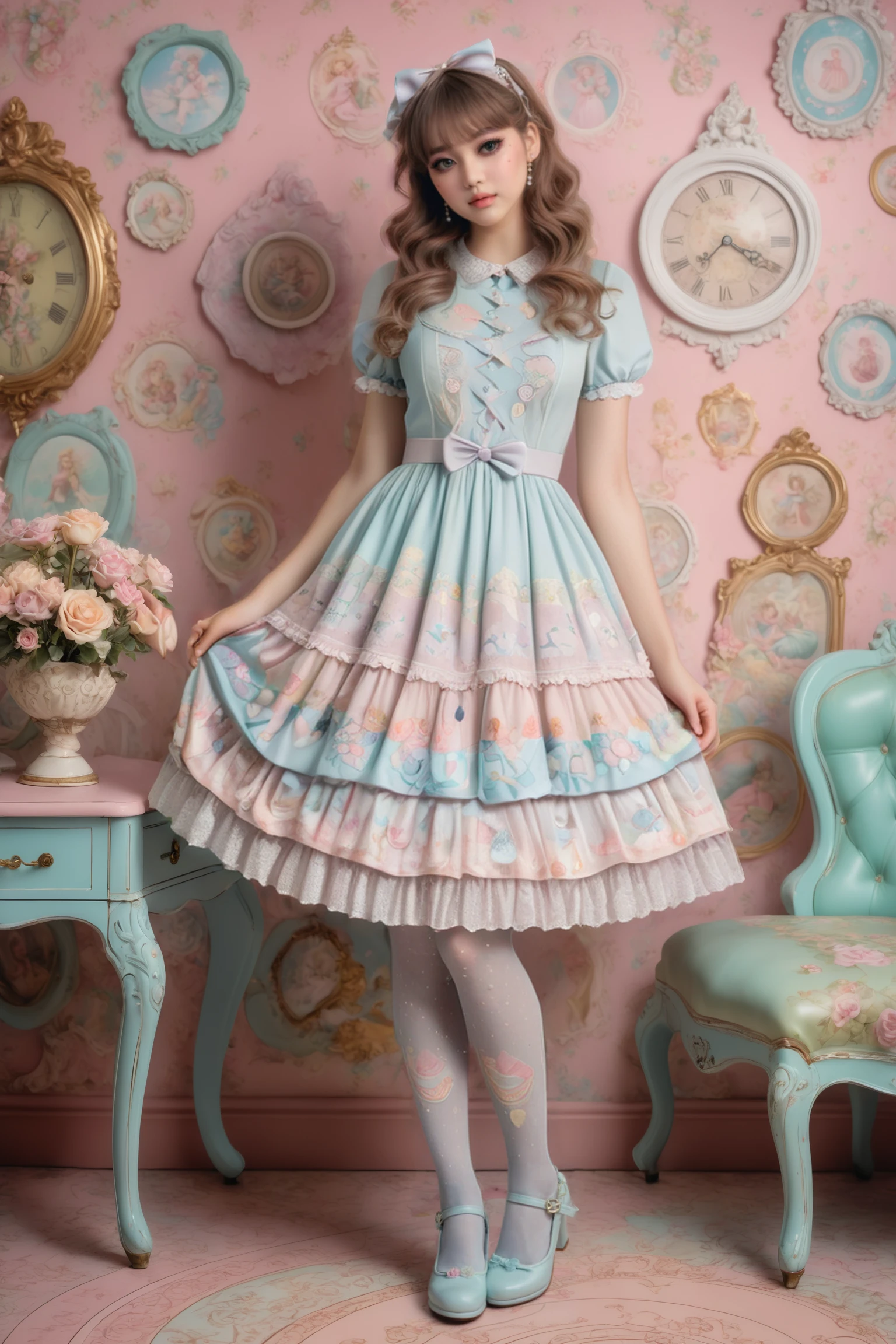 highly detailed (full body photograph) of A young woman wearing a sweetegl dress, tights, mary jane heels, with intricate details and soft pastel colors, whimsical background <lora:sweetlolitaxlv5:0.7>