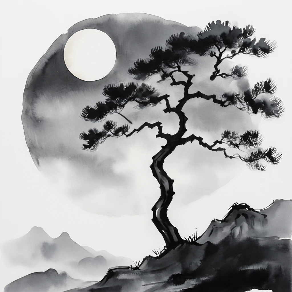 <lora:Zen_Ink_Wash_Sumi-eSDXL:1> ArsMJStyle, Zen Ink Wash Sumi-e, A lone tree standing on a hill under a full moon, monochrome, greyscale, minimal detail, white background, solitary, nature, traditional media, ink, solo.