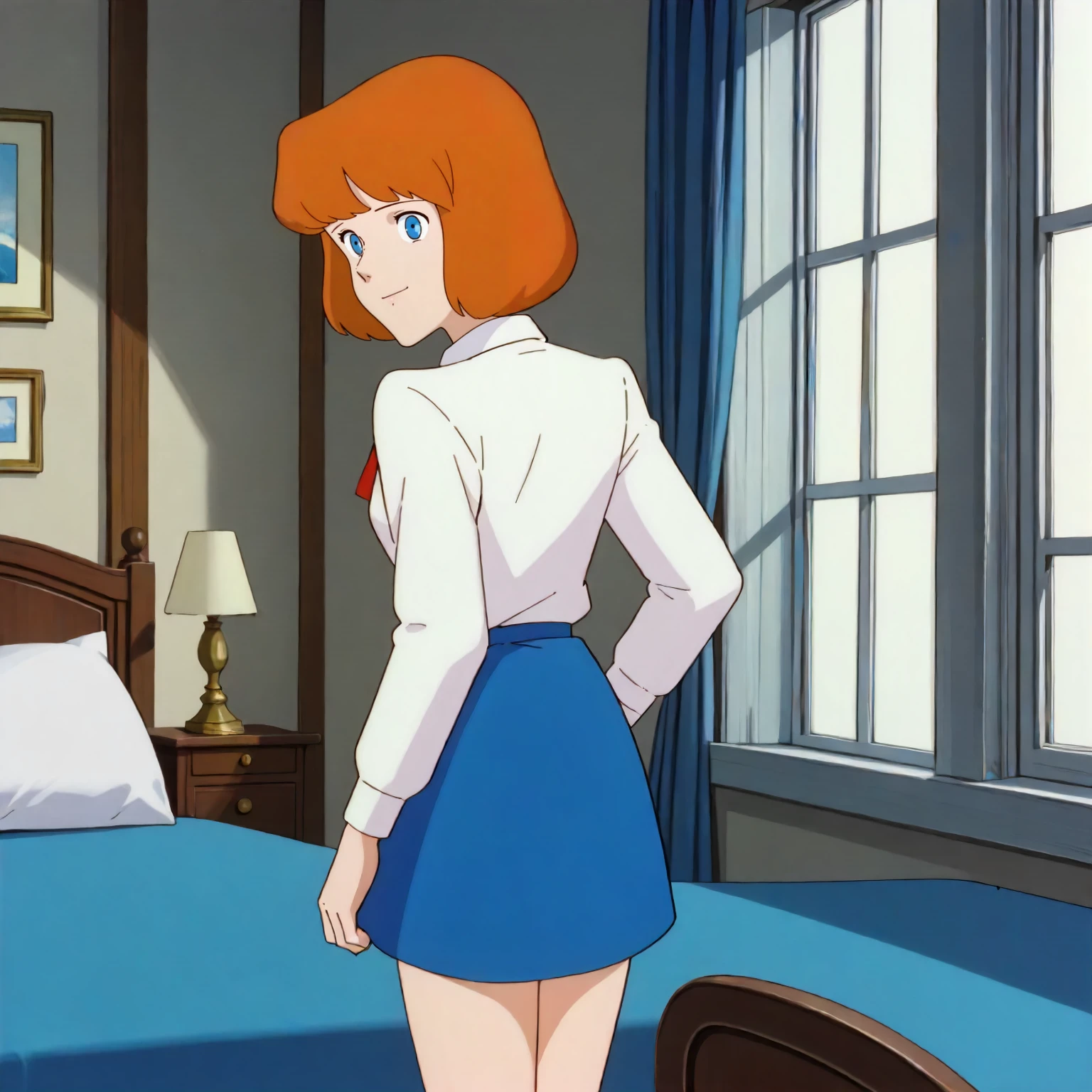 <lora:TCoC_ClarisseXLpony002>,
indoors,
solo,
looking at viewer,smile,
Clarisse,1girl,orange hair,bob_cut,blue eyes,
collared_shirt,red ribbon,white shirt,long_sleeves,
blue skirt,
looking back,