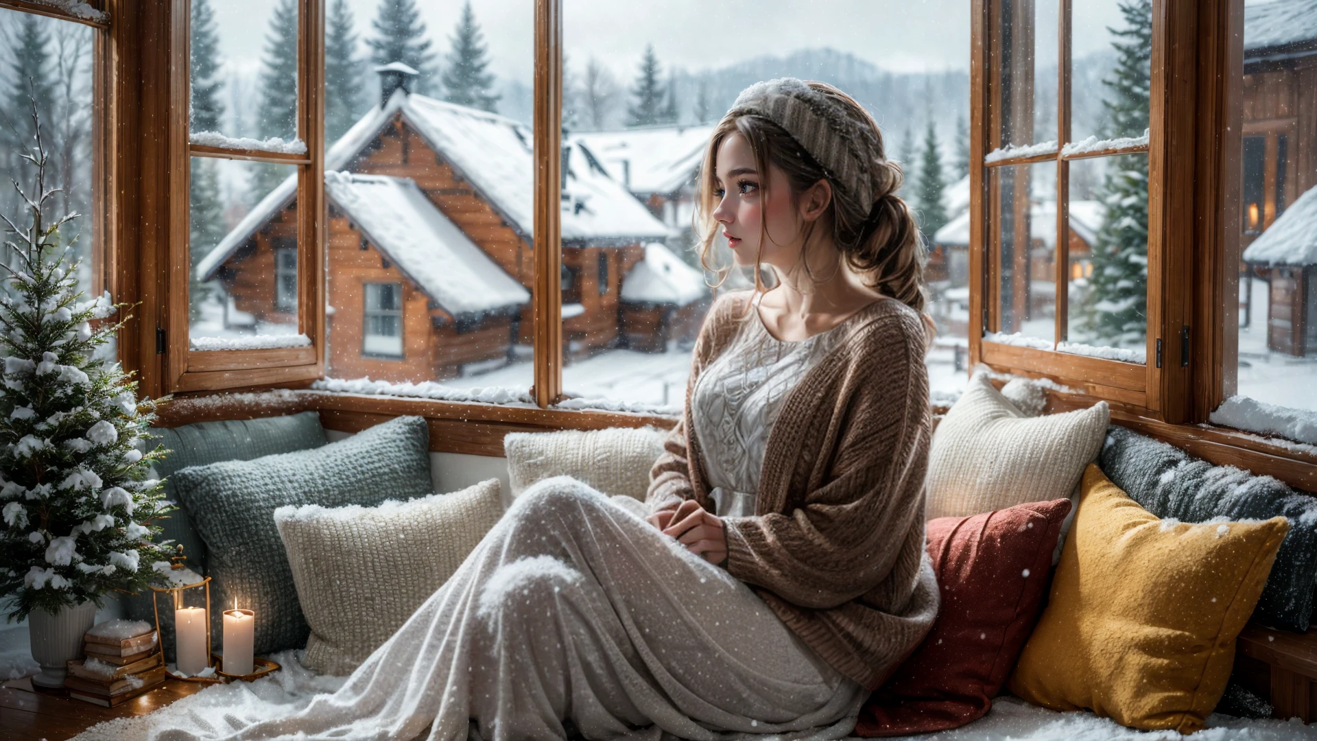 1girl, sitting, indoors, window, snow, <lora:snowbound_1:0.8>, snowbound, high quality, highres, masterpiece, best quality, 8k, intricate, detailed, <lora:add_detail:0.6>