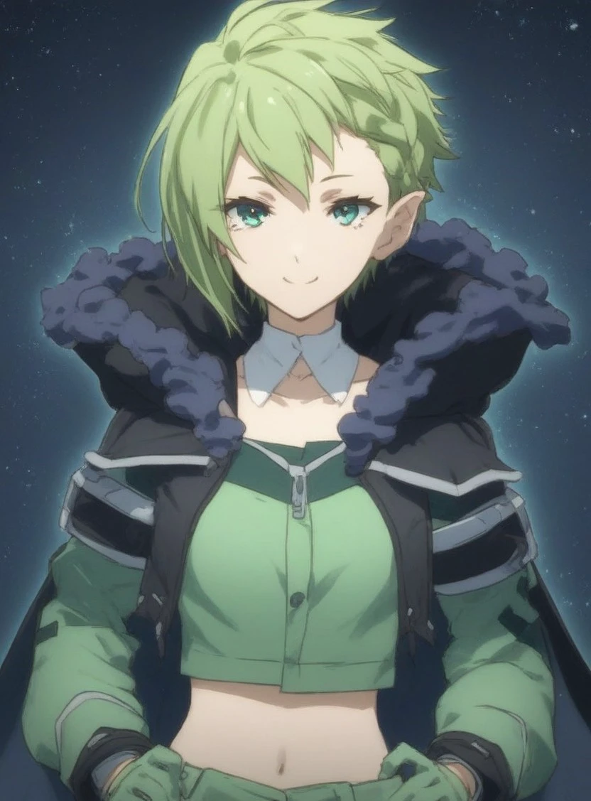 (score_9, score_8_up, score_7_up), source_anime, 4k resolution, highest quality, curvy body, beautiful, (detailed face. expressive eyes), Expressiveh, 1girl, green hair, short hair, french braid, braid on left head side, messy, choppy bangs, layered hair, tousled hair, turquoise eyes, small breasts, upper body, standing, hands on waist, happy, smile, looking at viewer, white collar, black hood with dark blue cushion, cut out shoulder, dark green jacket, green jacket over dark jacket, midriff-baring, midriff, long sleeves, lavender and green sleeves, green shorts, denim shorts, green glowing lines, green lines under collarbone and around stomach and on upper leg, big black belt, wavy cape skirt, turquoise gloves, black fingertips, black cape skirt, black belt on left upper leg, knee-high boots, white boots, lavender and green leg warmers, , front view, xpressiveh