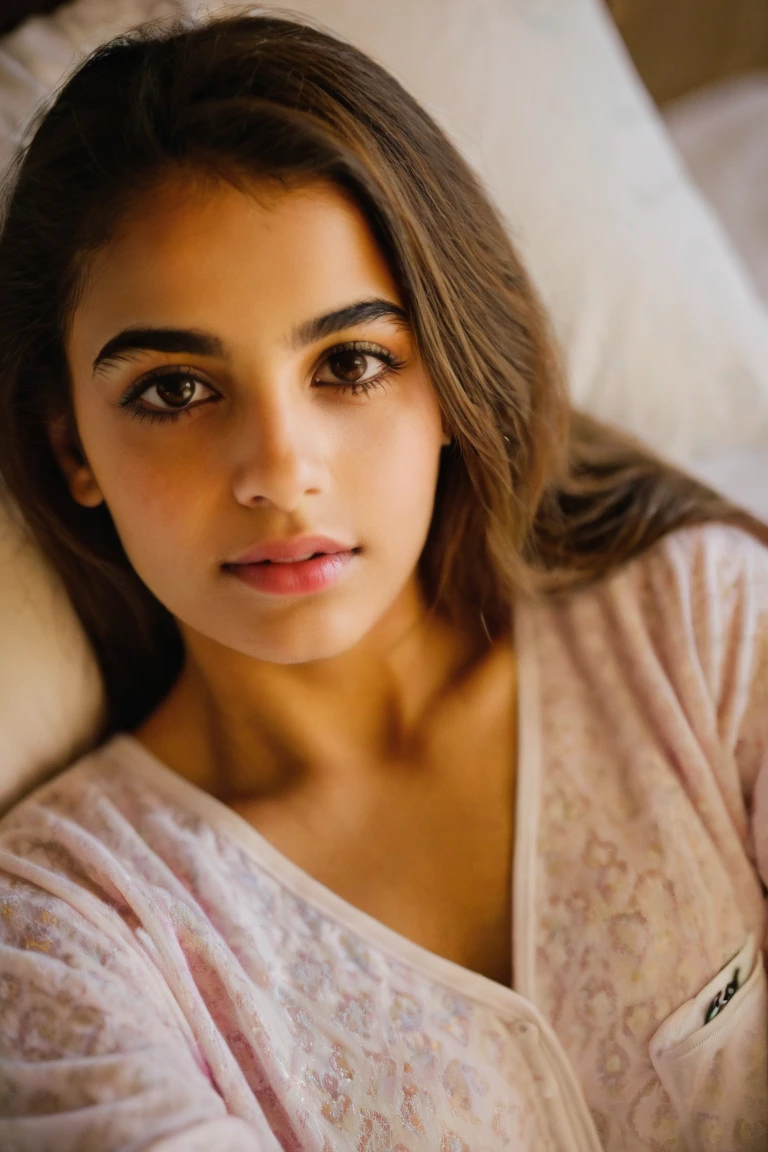 low light room, (vibrant lighting), full body of an brown girl wearing night clothes with loose pajama, happy, (detailed skin),RAW candid cinema, 16mm, color graded portra 400 film, remarkable color, ultra realistic, textured skin, remarkable detailed pupils, realistic dull skin noise, visible skin detail, skin fuzz, dry skin, (((((high details))))), detailed face