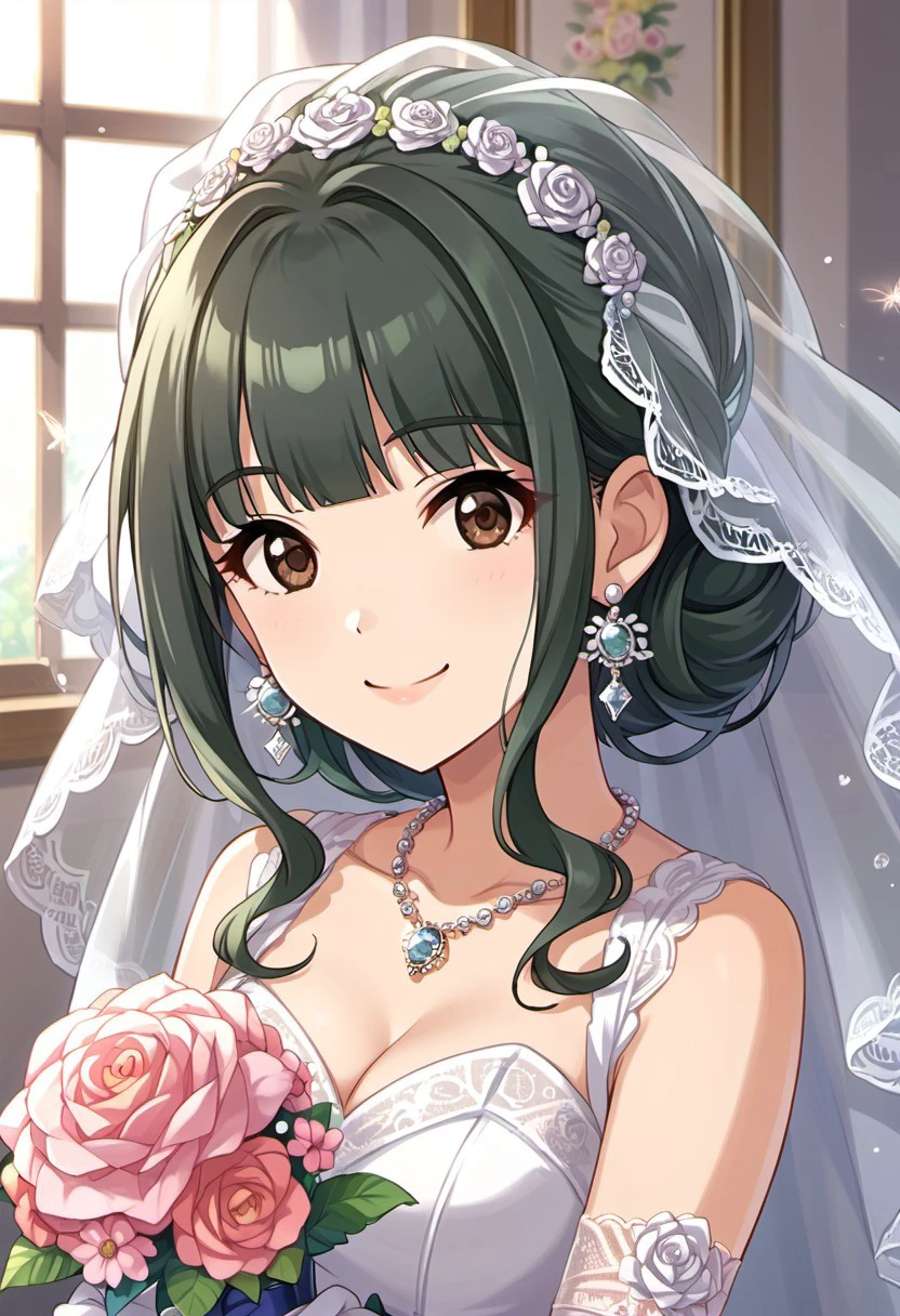 score_9, score_8_up, score_7_up, source_anime,fujii tomo, brown eyes, dark green hair, 1girl, jewelry, solo, dress, earrings, flower, smile, necklace, bouquet, looking at viewer, wedding dress, bug