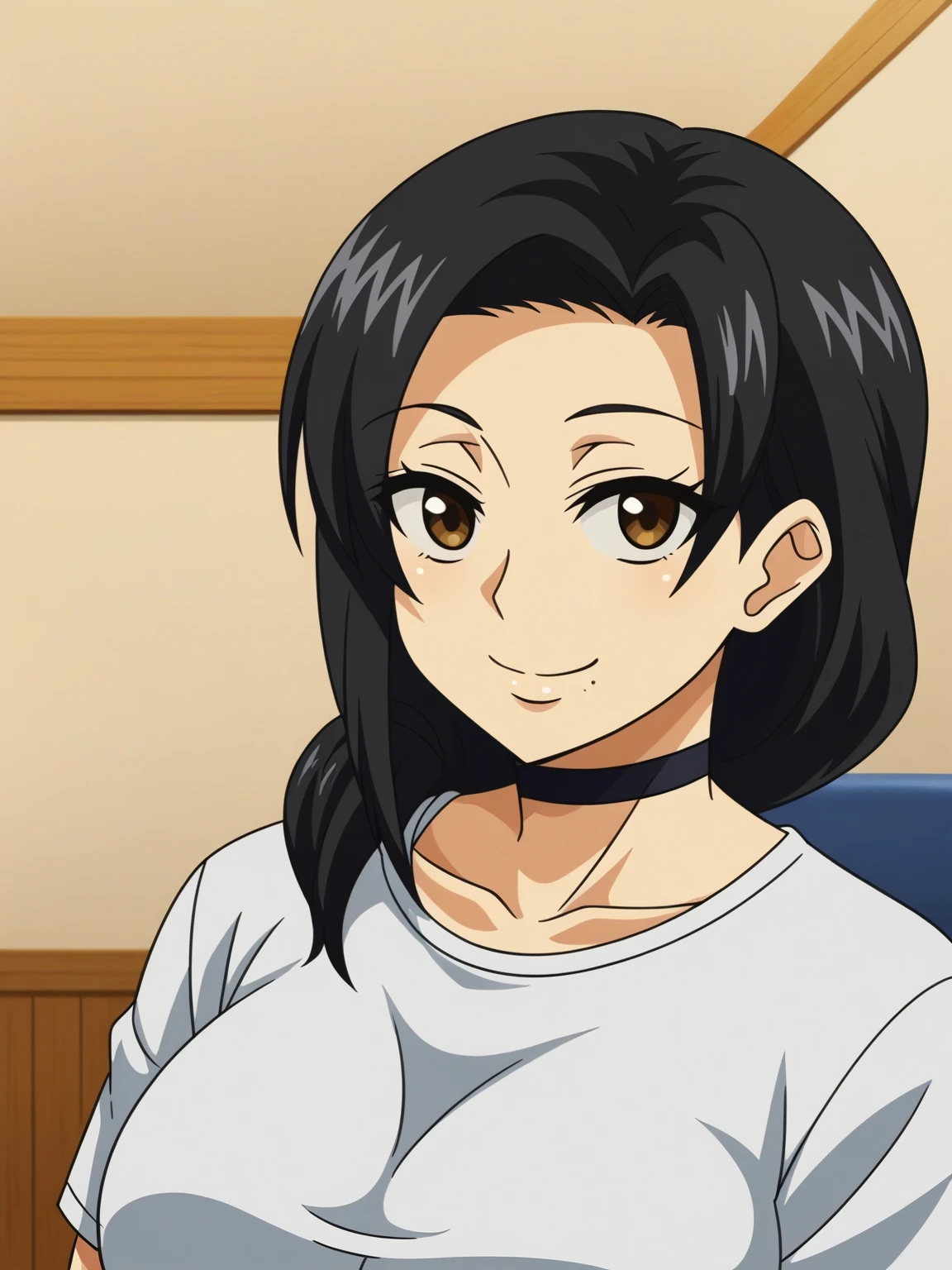 <lora:hitozuma6:0.8>,Tomoko,1girl,solo,black hair,brown eyes,choker,mole under mouth,breasts,t-shirt,upper body,looking at viewer,smile,indoors