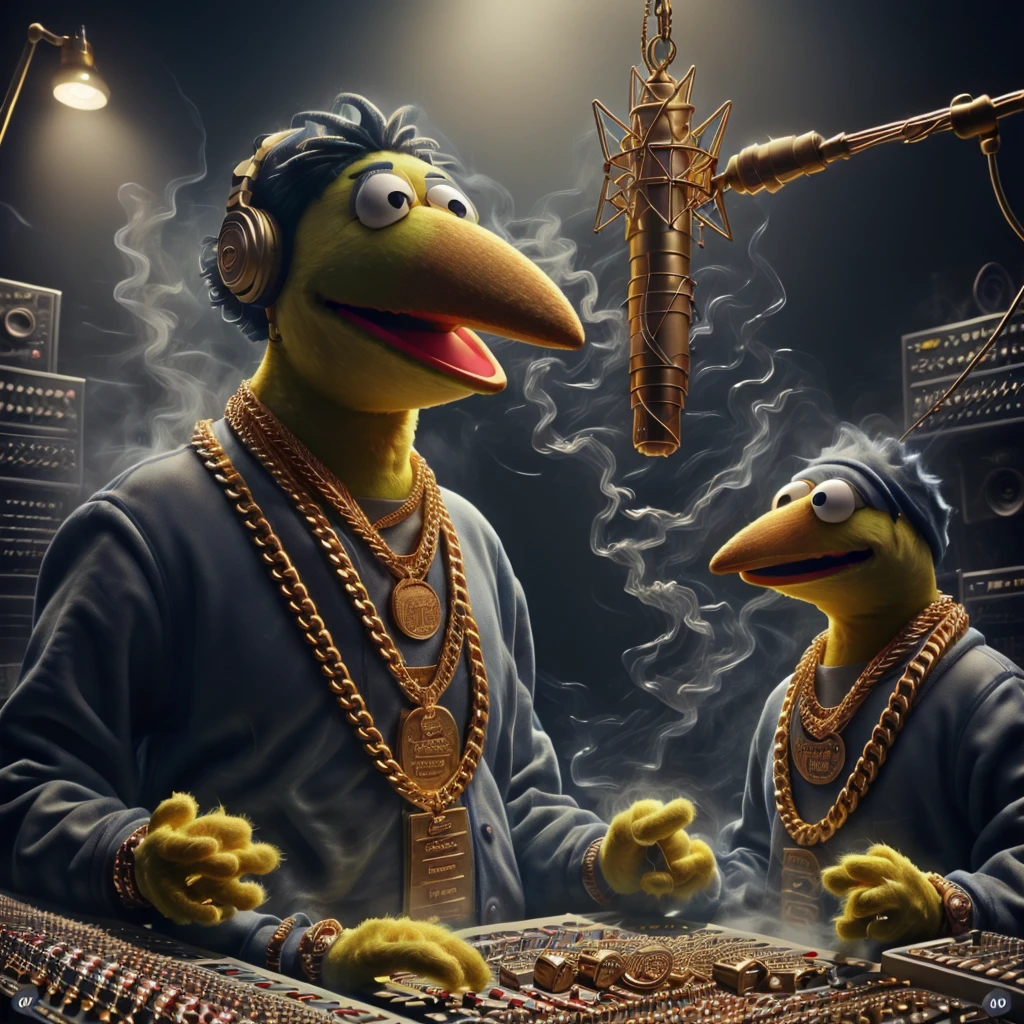 recstudio sesame Street big bird, gold chains , background is smokey, recording session